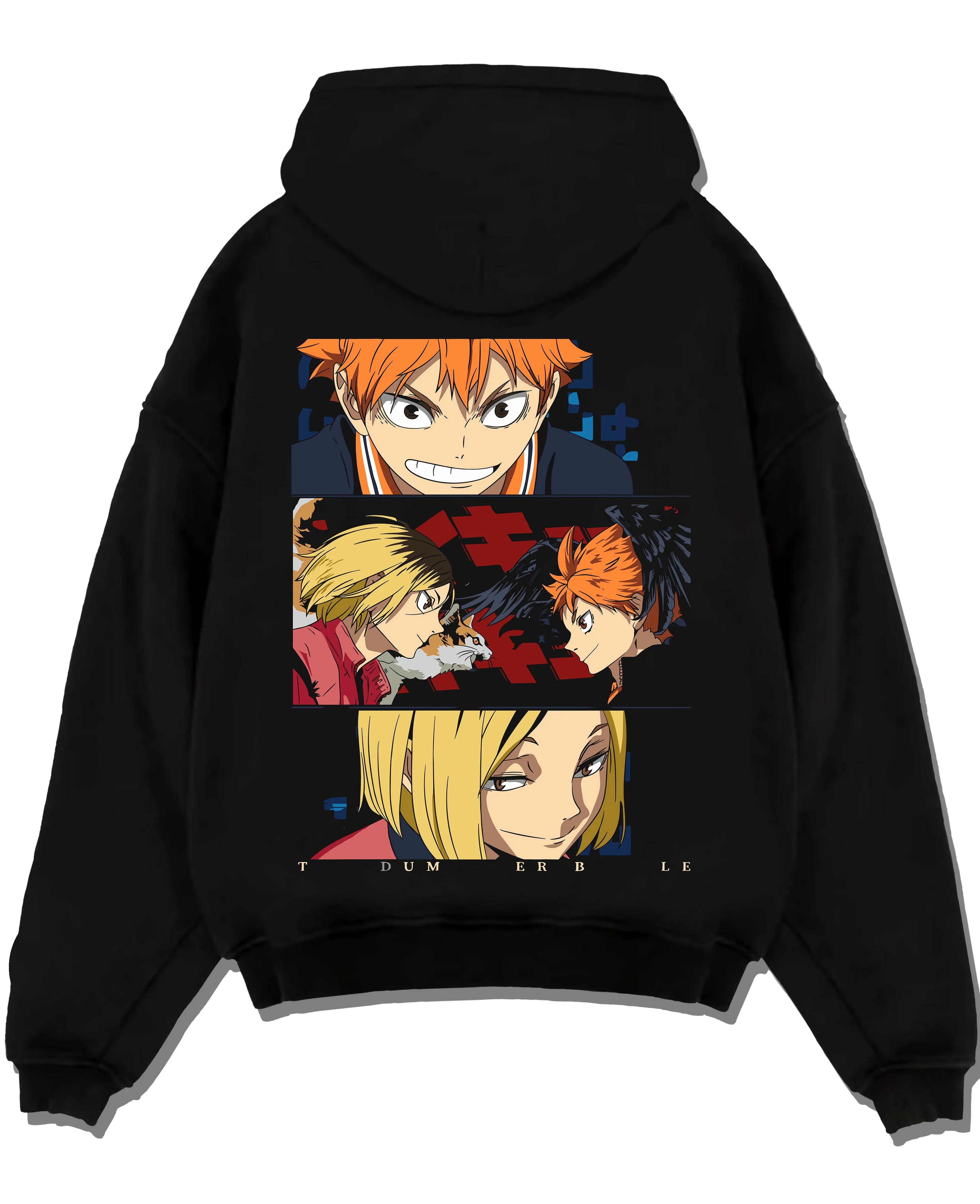 Black pullover hoodie laid flat with Haikyuu Hoodie Shoyo Hinata Confident Look Jumper graphic premium wear.