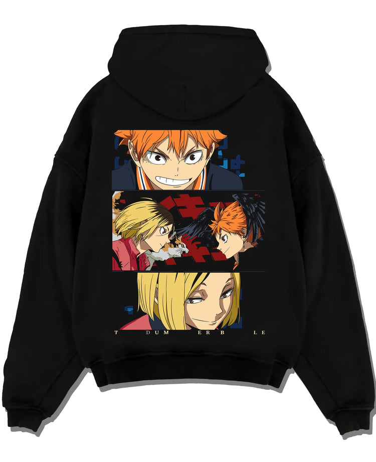 Black pullover hoodie laid flat with Haikyuu Hoodie Shoyo Hinata Confident Look Jumper graphic premium wear.