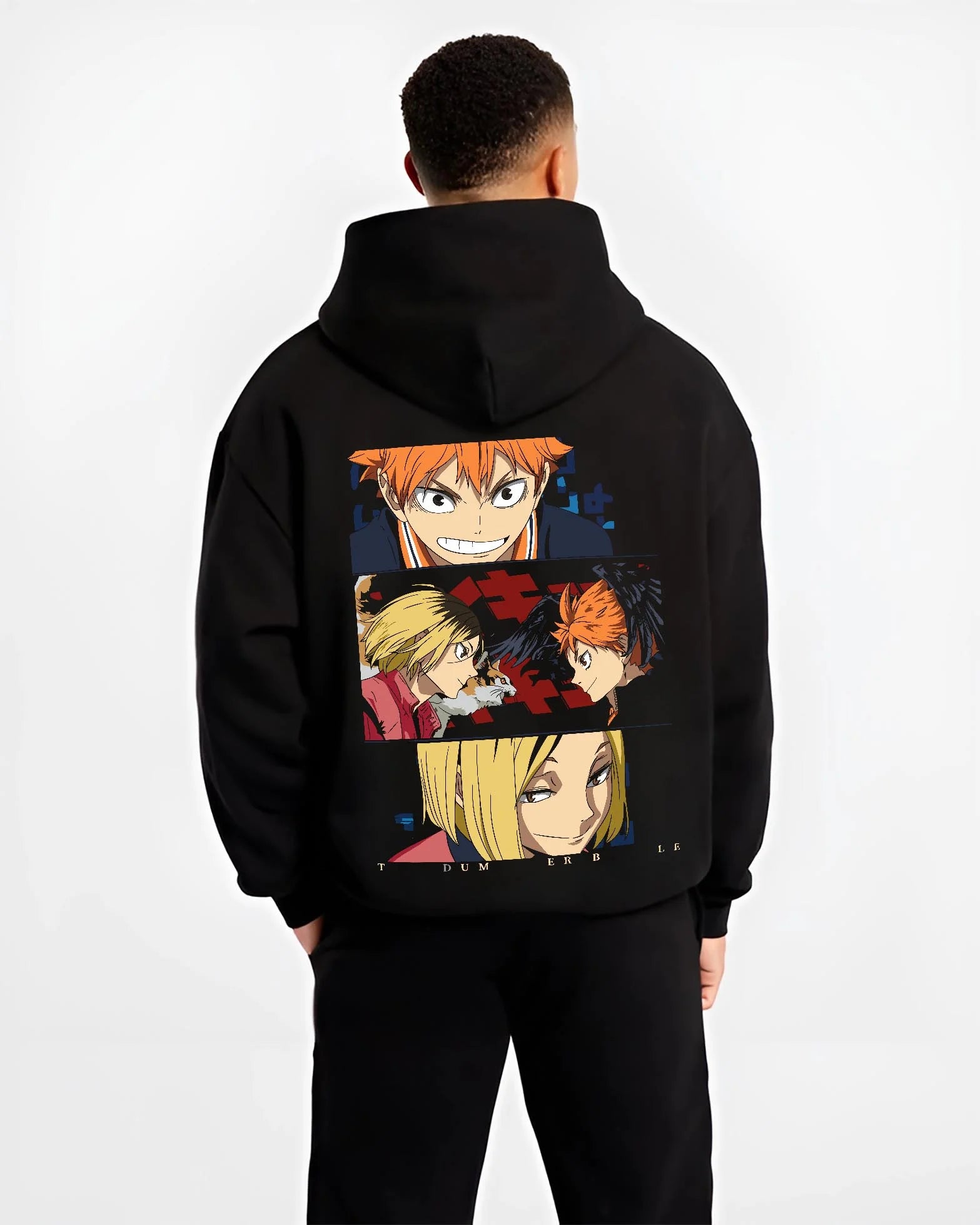 Black hoodie worn by male model, back view with Haikyuu Hoodie Shoyo Hinata Confident Look Jumper graphic premium wear.
