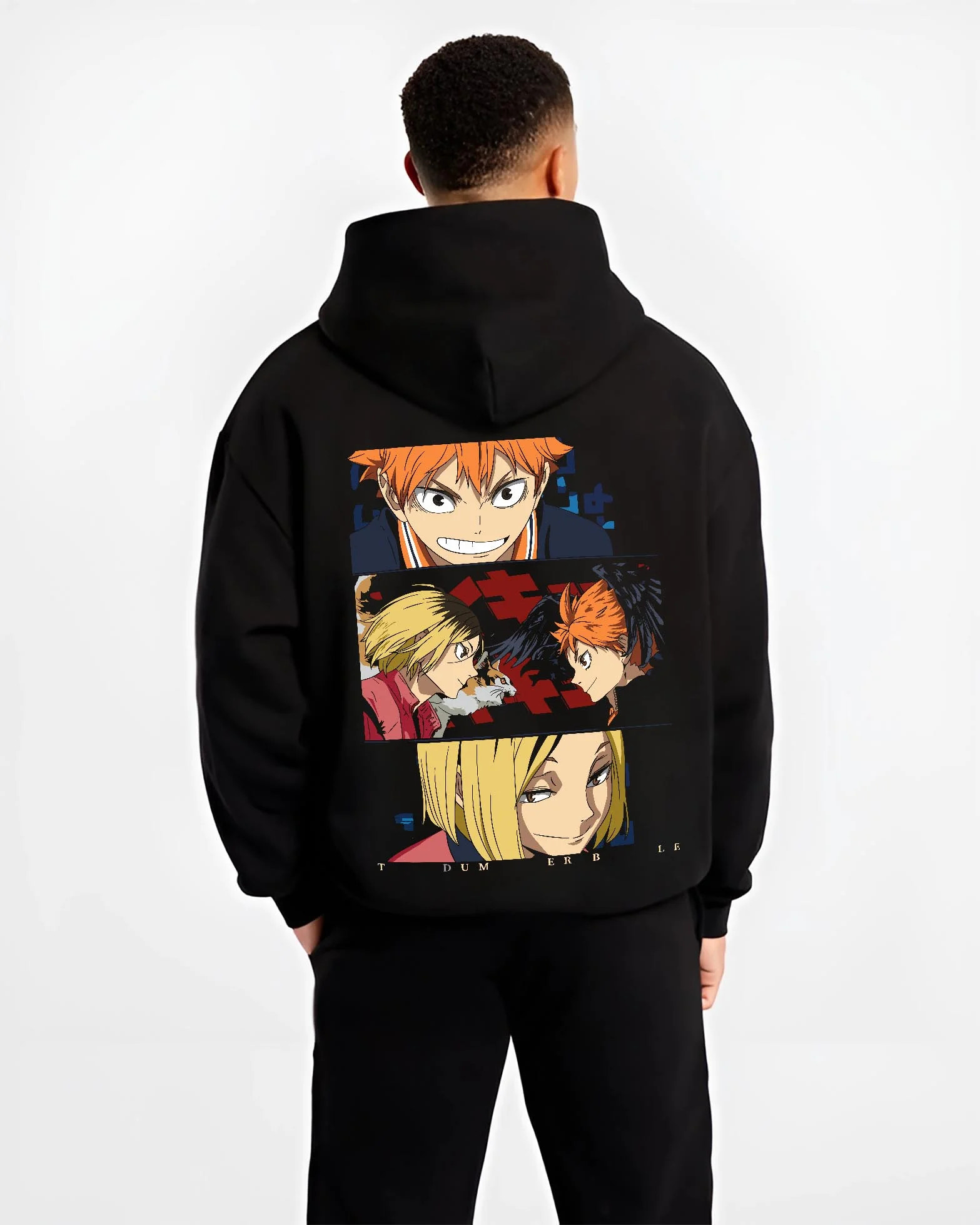 Black hoodie worn by male model, back view with Haikyuu Hoodie Shoyo Hinata Confident Look Jumper graphic premium wear.