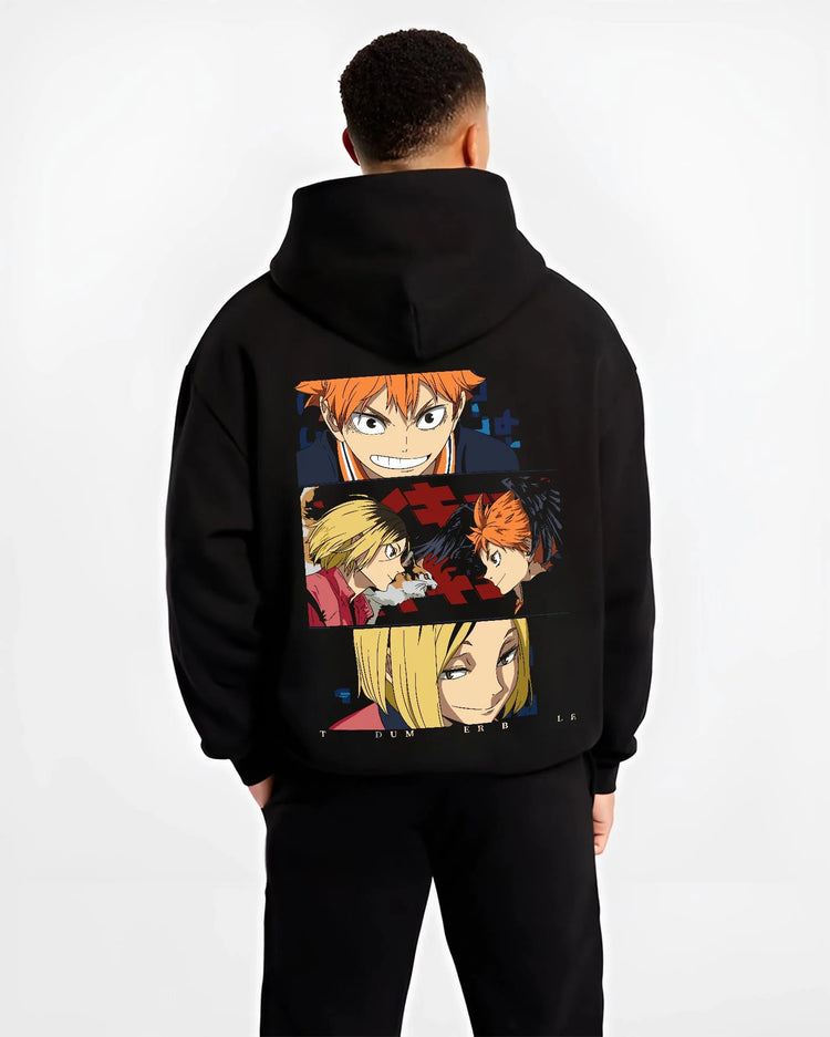 Black hoodie worn by male model, back view with Haikyuu Hoodie Shoyo Hinata Confident Look Jumper graphic premium wear.