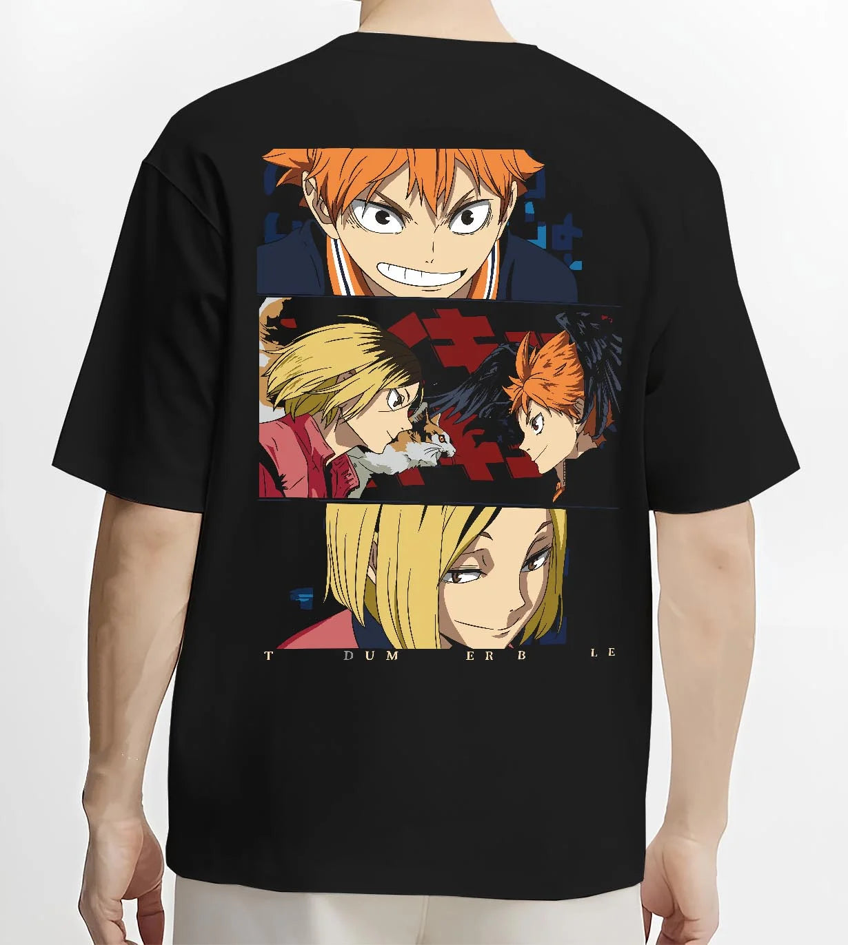 Black T-shirt worn by male model, back view with Haikyuu Hoodie Shoyo Hinata Confident Look Jumper graphic streetwear graphic.