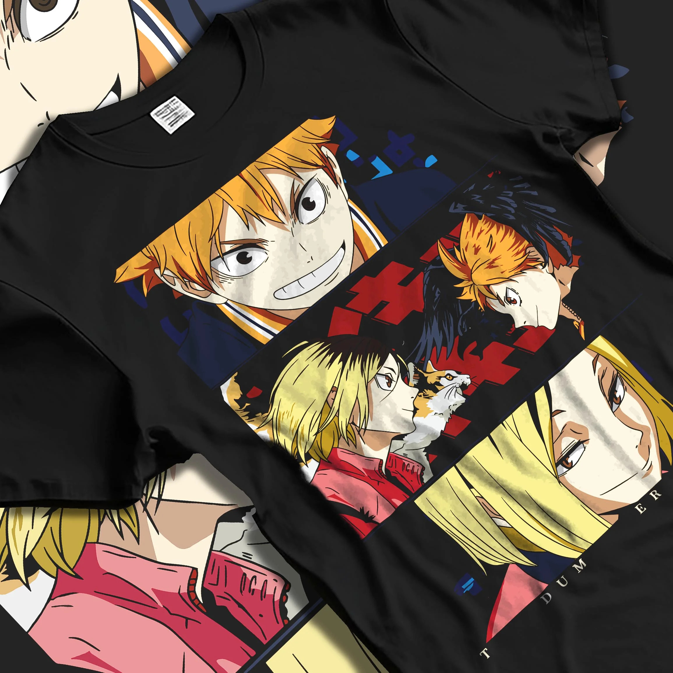 Black T-shirt laid flat with natural folds with Haikyuu Hoodie Shoyo Hinata Confident Look Jumper graphic bold anime graphic.