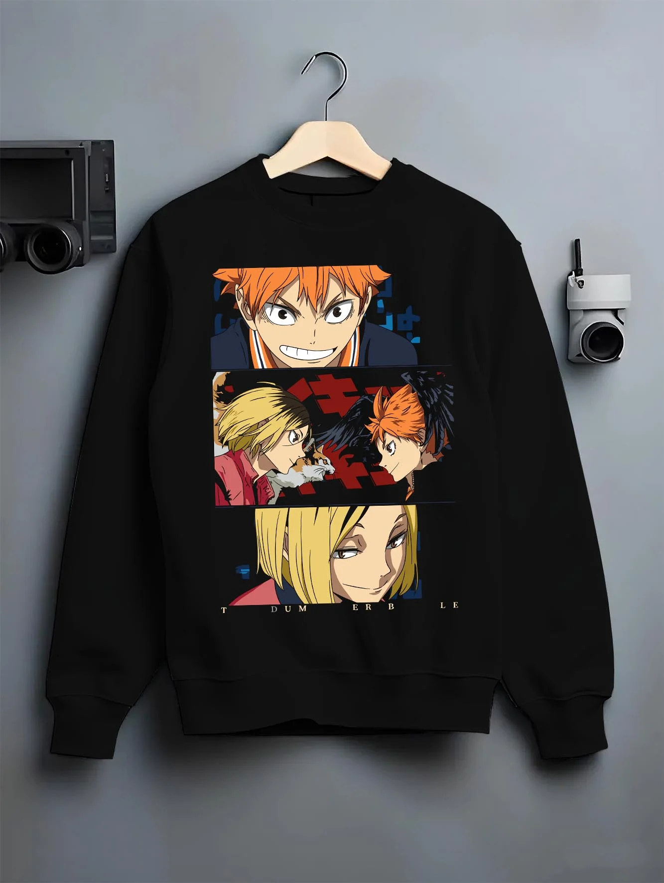 Black crewneck sweatshirt on hanger with Haikyuu Hoodie Shoyo Hinata Confident Look Jumper graphic bold anime graphic.