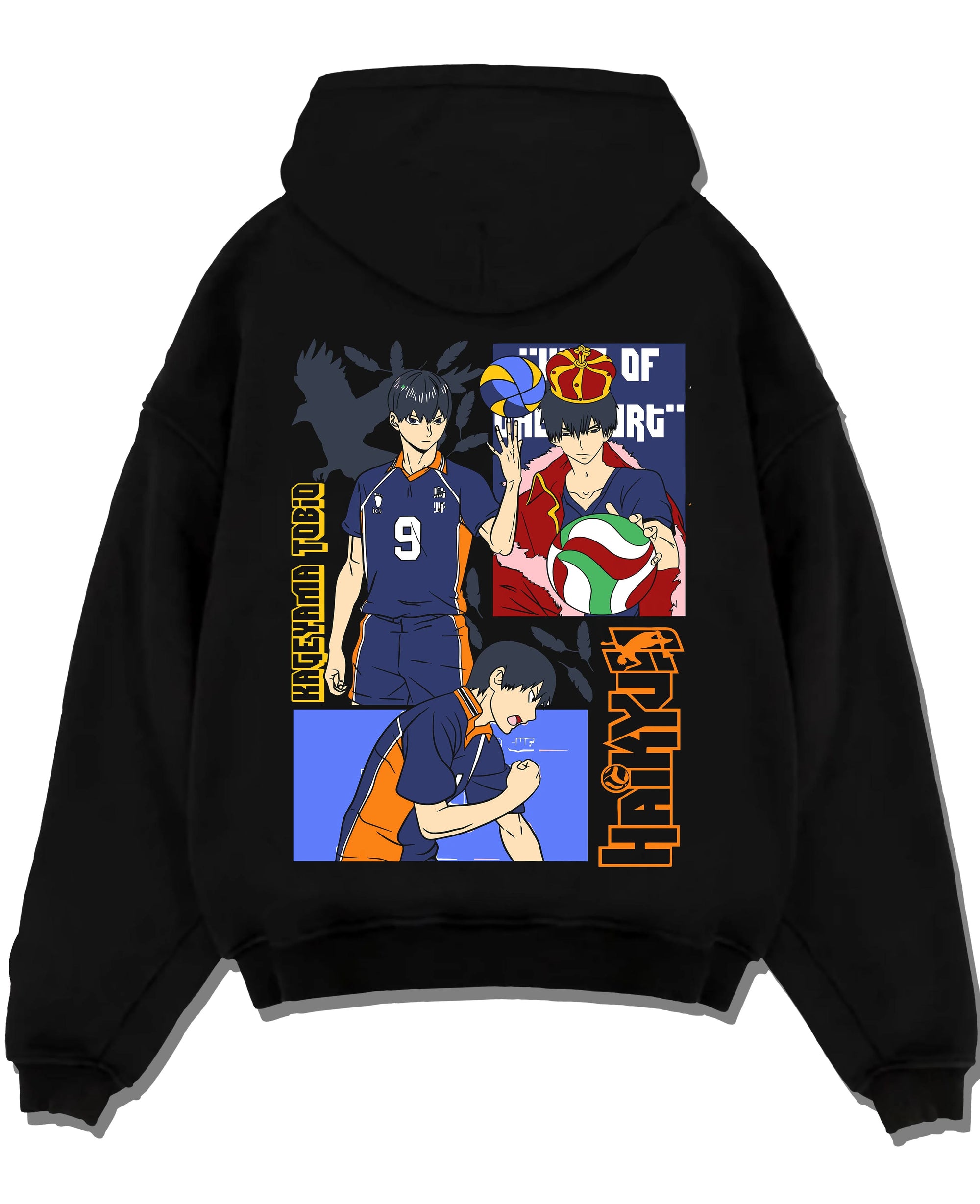Black pullover hoodie laid flat with Haikyuu Hoodie Tobio Kageyama Karasuno Club Jumper graphic premium wear.