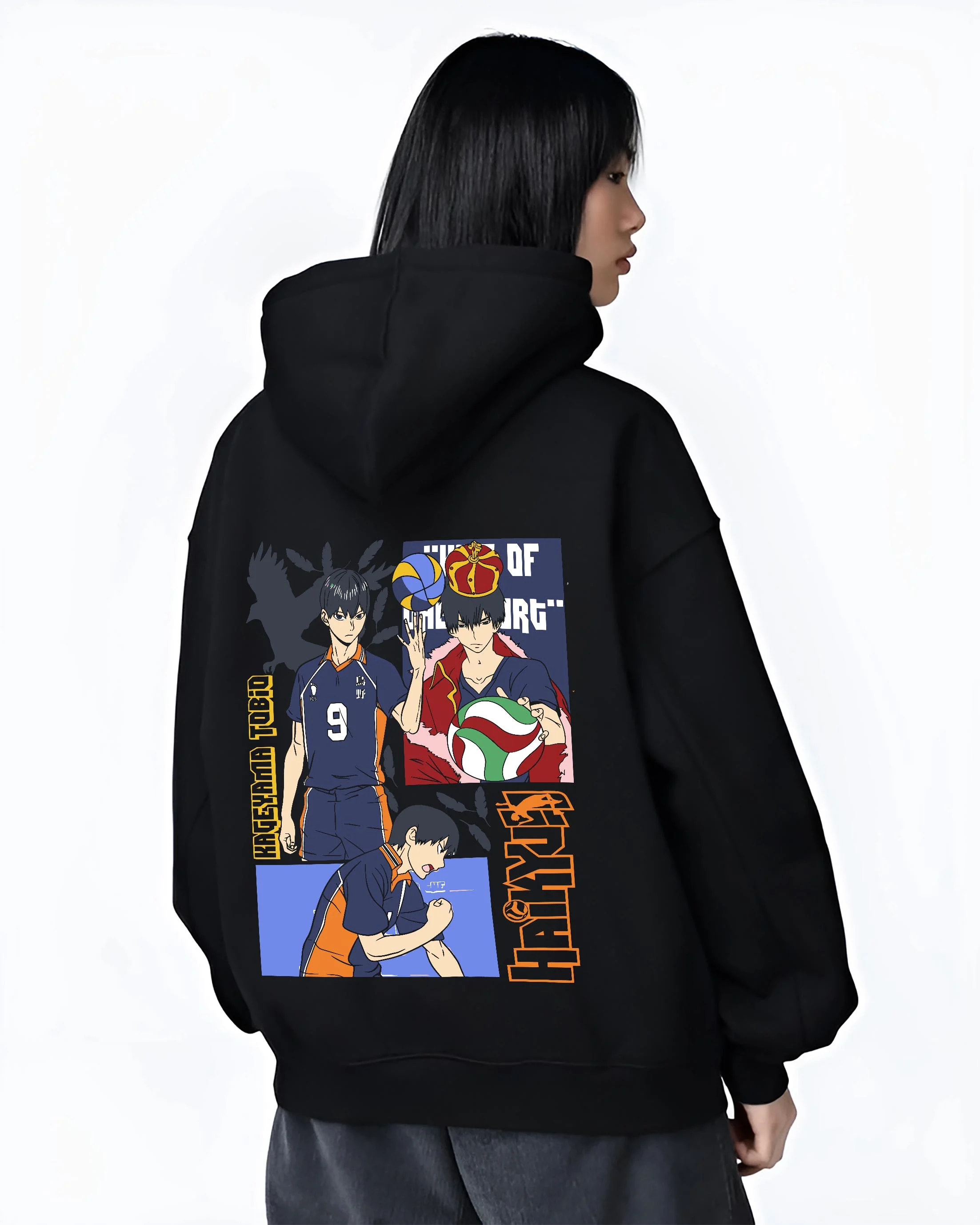 Black hoodie worn by female model, back view with Haikyuu Hoodie Tobio Kageyama Karasuno Club Jumper graphic bold anime graphic.