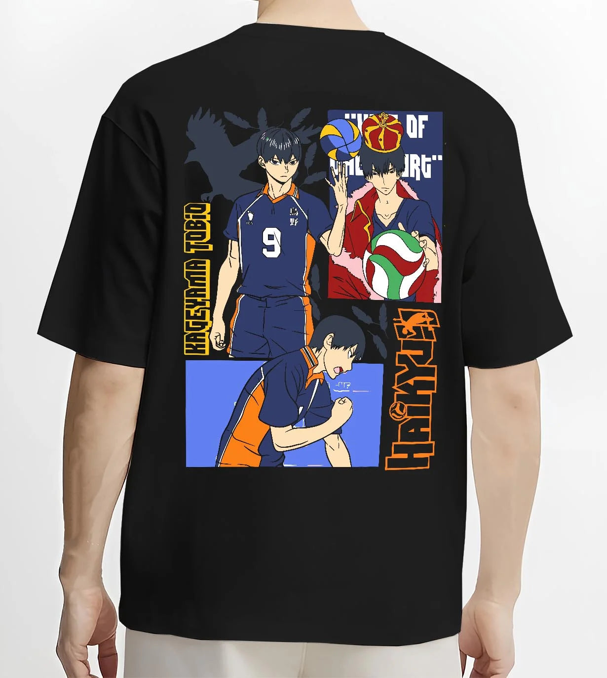 Black T-shirt worn by male model, back view with Haikyuu Hoodie Tobio Kageyama Karasuno Club Jumper graphic bold anime graphic.
