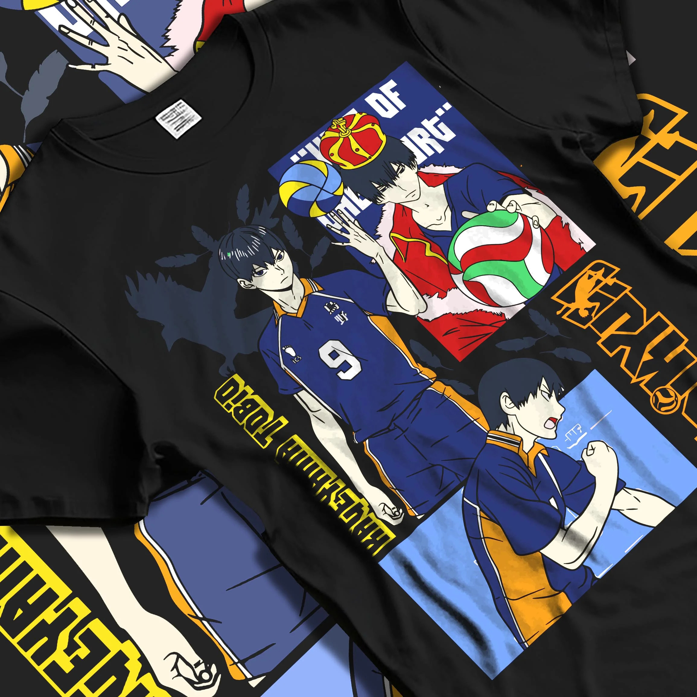 Black T-shirt laid flat with natural folds with Haikyuu Hoodie Tobio Kageyama Karasuno Club Jumper graphic streetwear graphic.