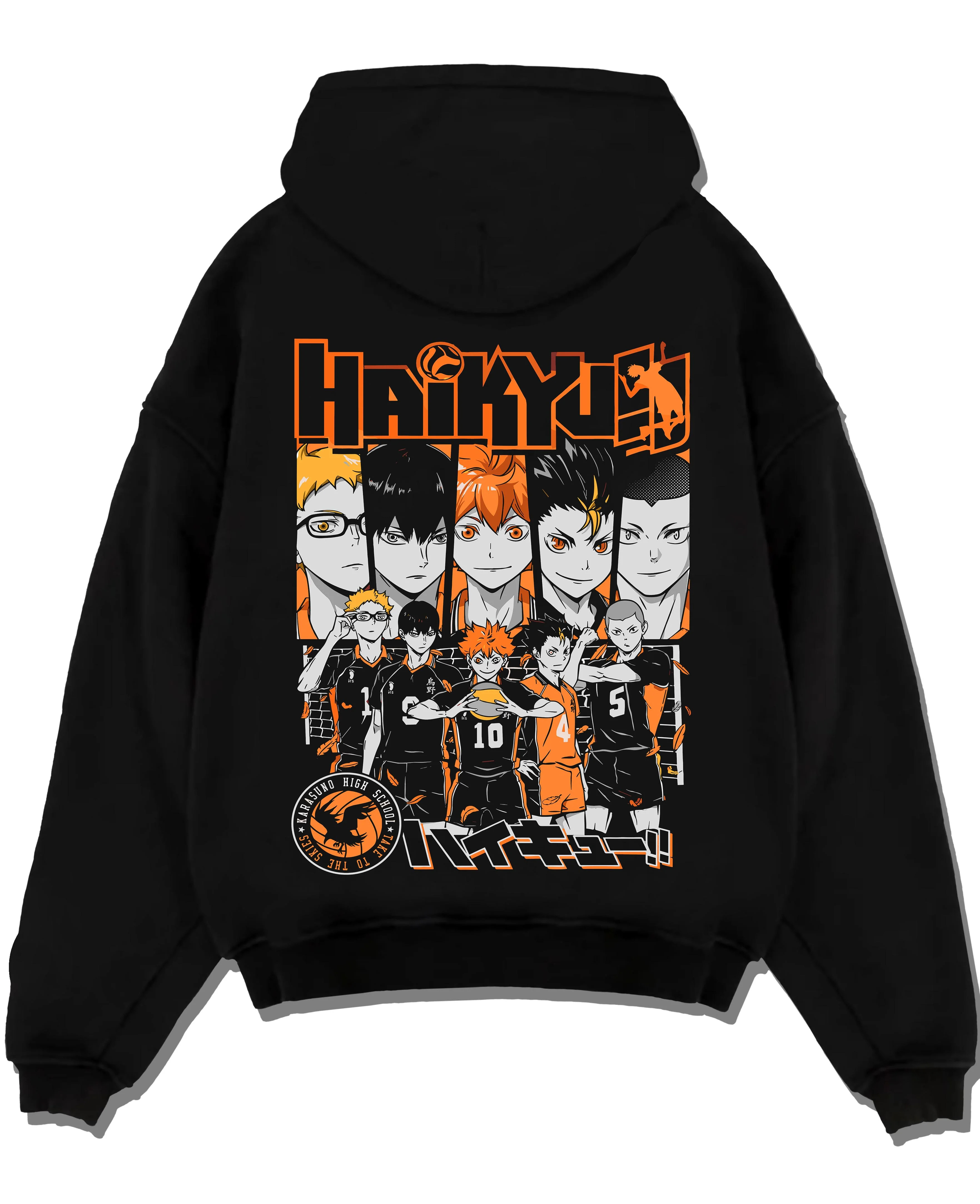 Black pullover hoodie laid flat with Haikyuu Hoodie Shoyo Hinata Match Intense Jumper graphic premium wear.