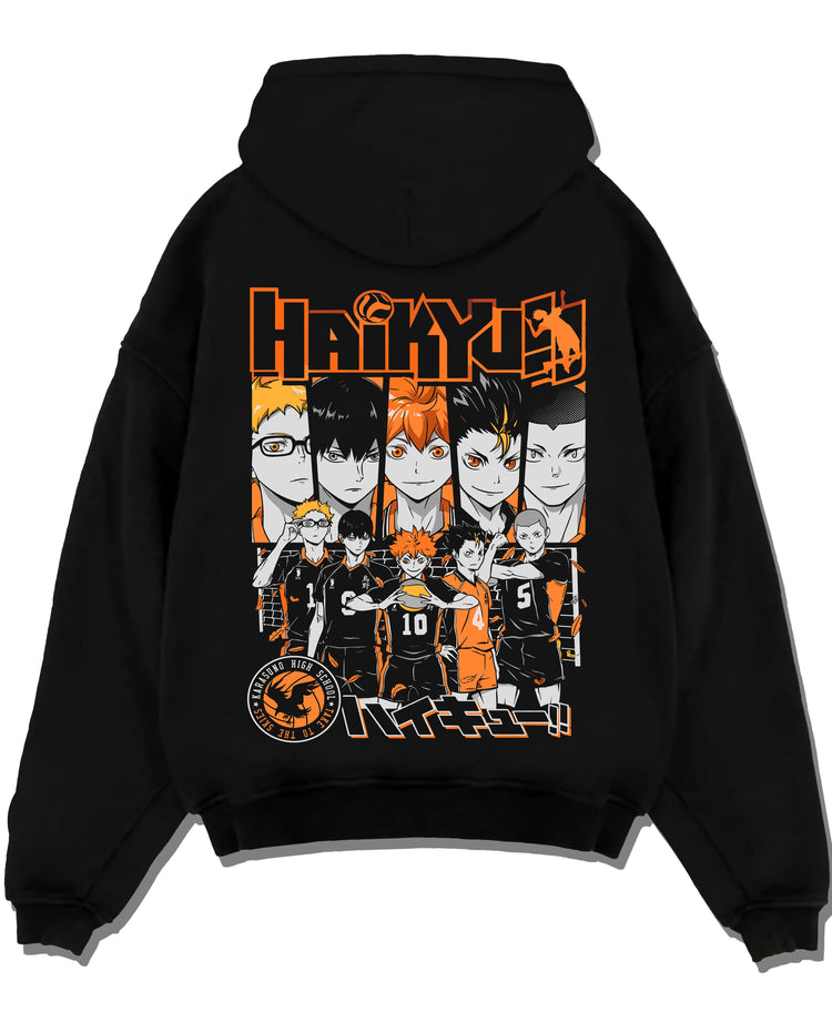 Black pullover hoodie laid flat with Haikyuu Hoodie Shoyo Hinata Match Intense Jumper graphic premium wear.