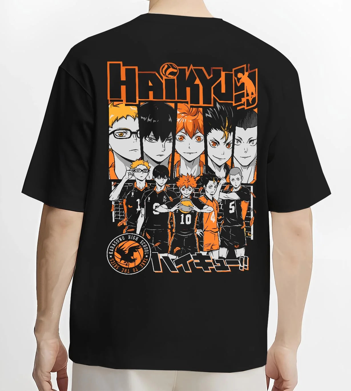 Black T-shirt worn by male model, back view with Haikyuu Hoodie Shoyo Hinata Match Intense Jumper graphic premium wear.
