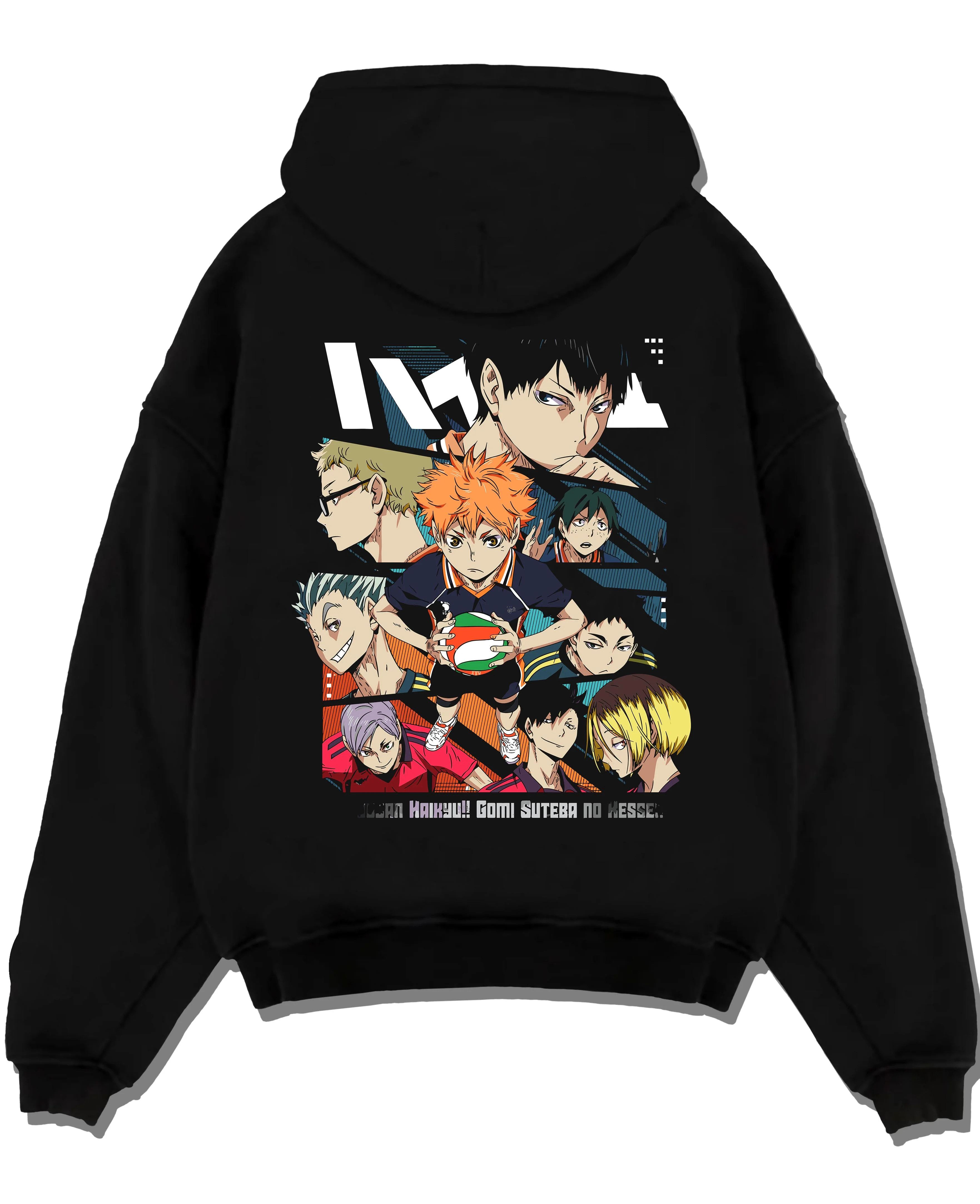Black pullover hoodie laid flat with Haikyuu Hoodie Shoyo Hinata Team Spirit Jumper graphic streetwear graphic.