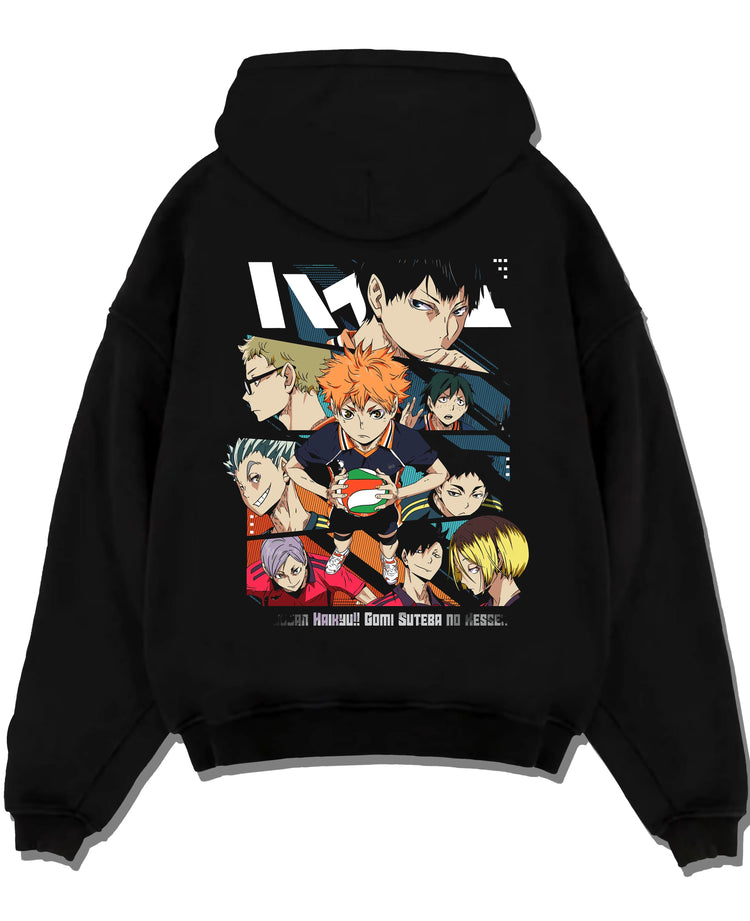 Black pullover hoodie laid flat with Haikyuu Hoodie Shoyo Hinata Team Spirit Jumper graphic streetwear graphic.