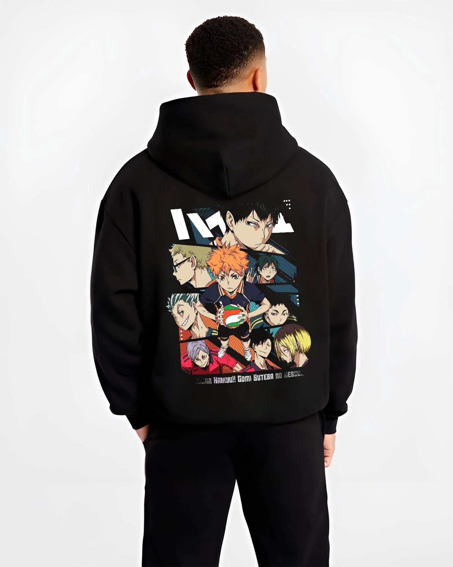 Black hoodie worn by male model, back view with Haikyuu Hoodie Shoyo Hinata Team Spirit Jumper graphic streetwear graphic.