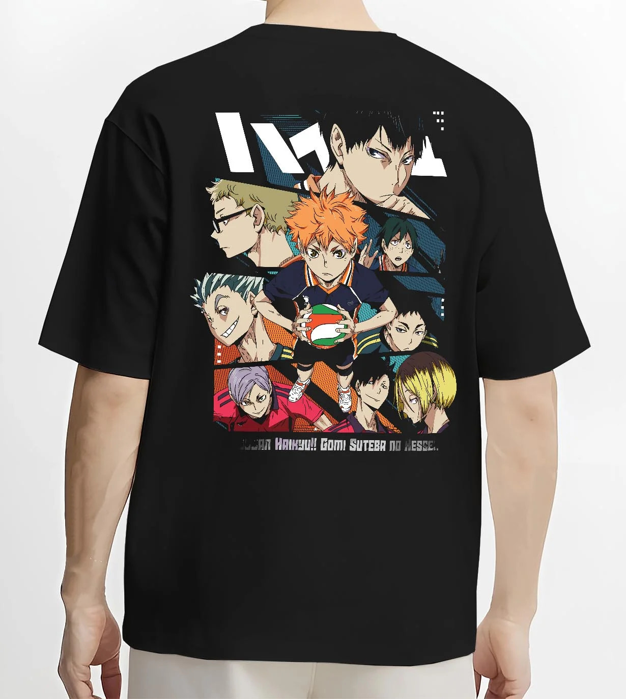 Black T-shirt worn by male model, back view with Haikyuu Hoodie Shoyo Hinata Team Spirit Jumper graphic streetwear graphic.