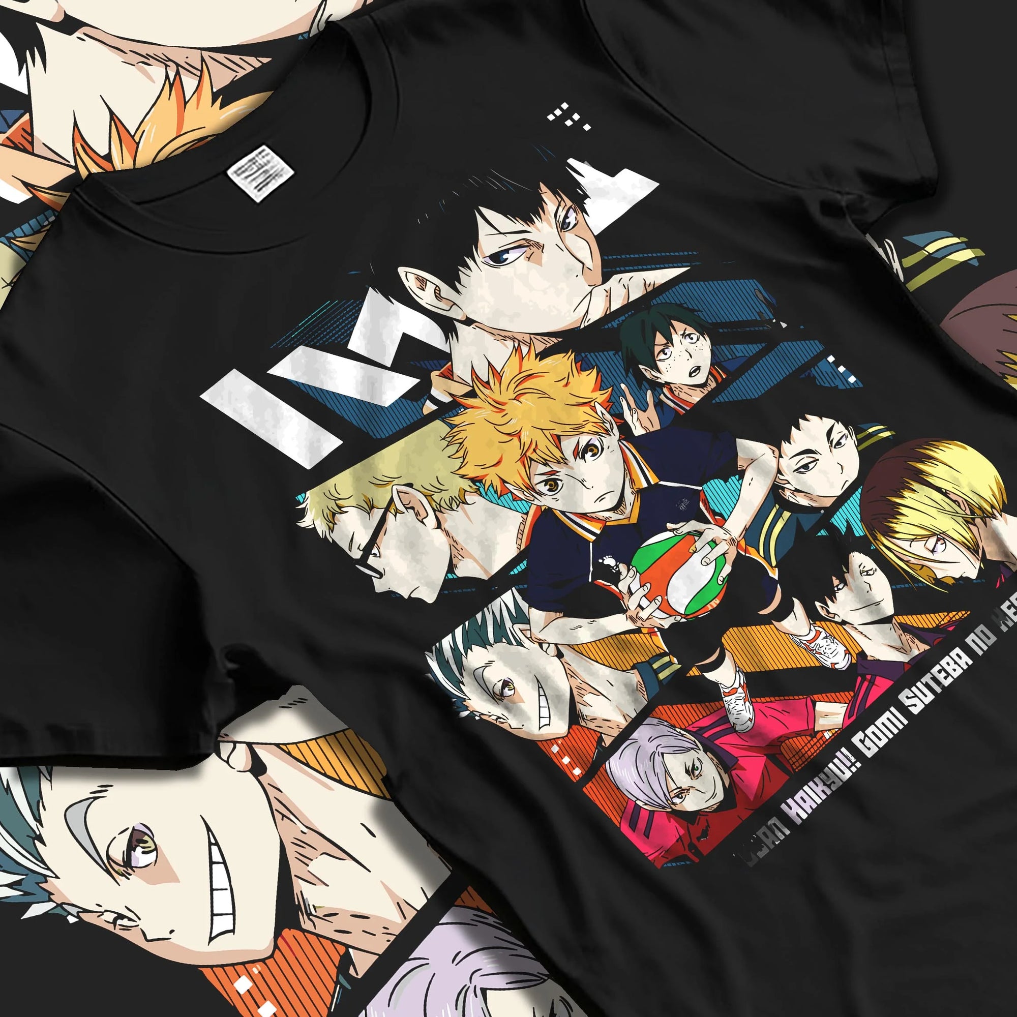 Black T-shirt laid flat with natural folds with Haikyuu Hoodie Shoyo Hinata Team Spirit Jumper graphic streetwear graphic.
