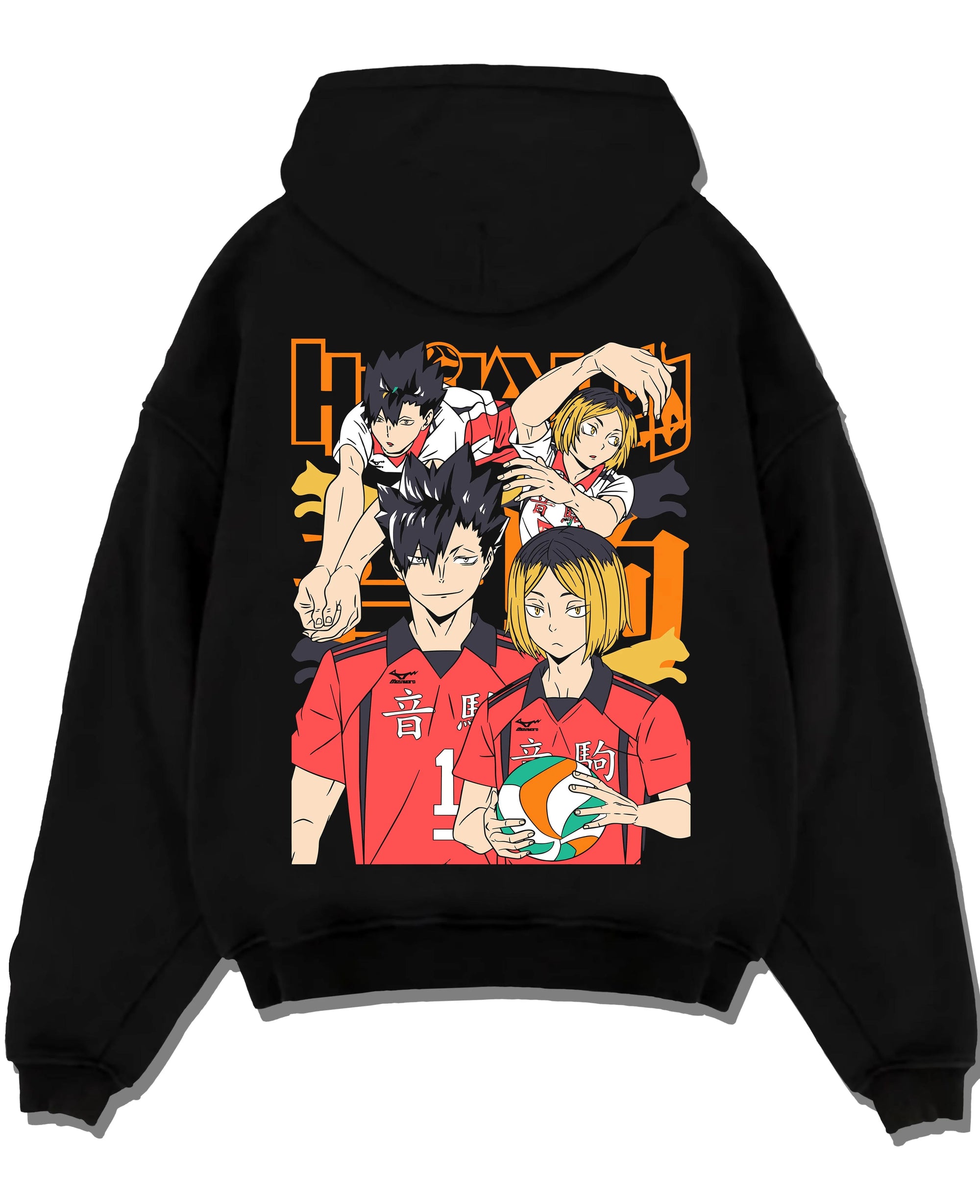 Black pullover hoodie laid flat with Haikyuu Hoodie Nekoma vs Karasuno Rival Jumper graphic bold anime graphic.