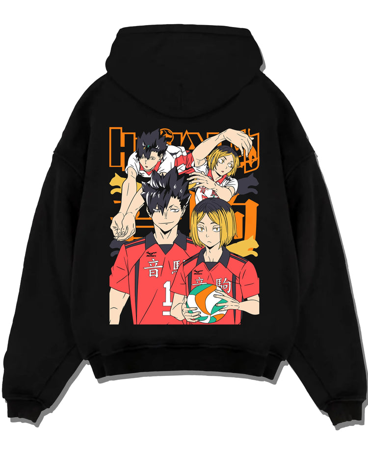 Black pullover hoodie laid flat with Haikyuu Hoodie Nekoma vs Karasuno Rival Jumper graphic bold anime graphic.