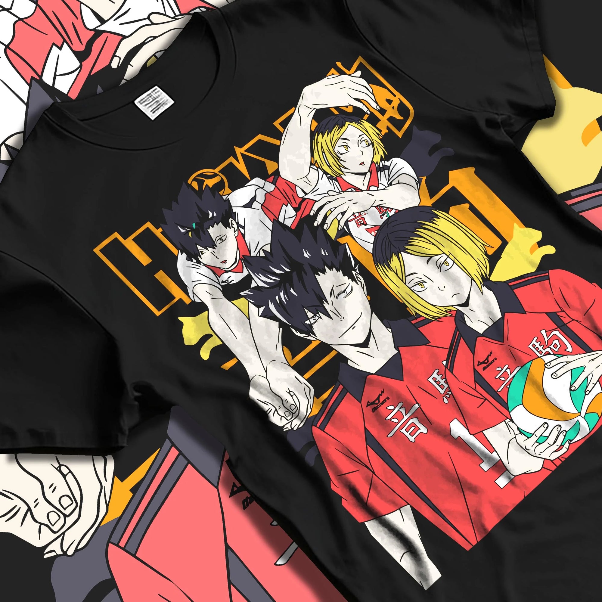 Black T-shirt laid flat with natural folds with Haikyuu Hoodie Nekoma vs Karasuno Rival Jumper graphic nan anime design.