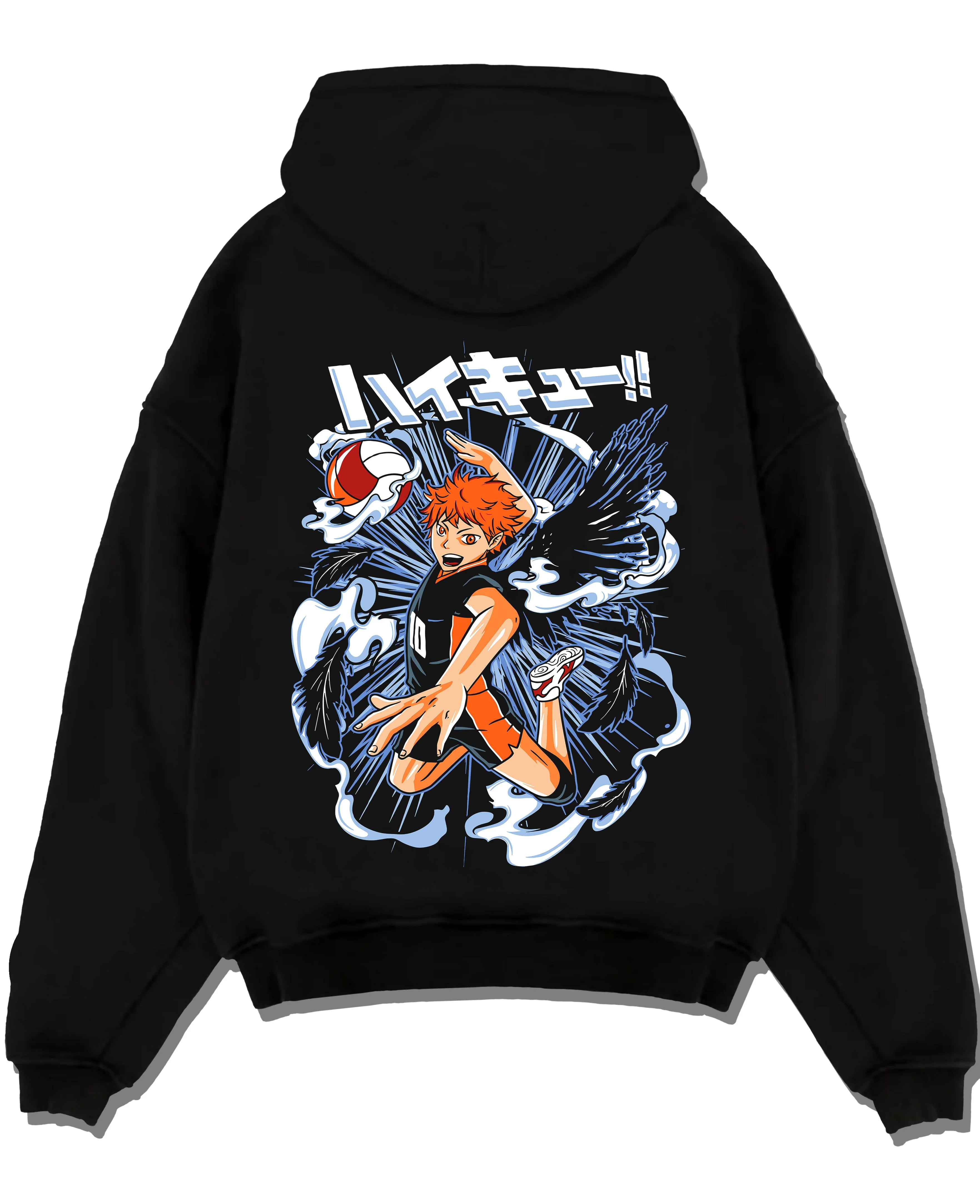Black pullover hoodie laid flat with Haikyuu Hoodie Shoyo Hinata Action Jump Jumper graphic bold anime graphic.