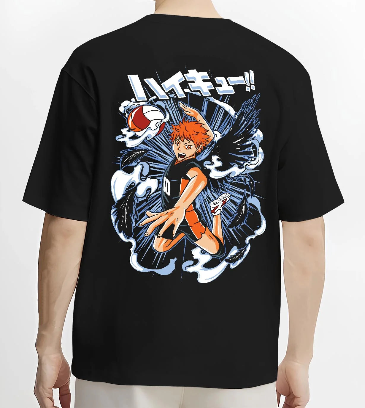 Black T-shirt worn by male model, back view with Haikyuu Hoodie Shoyo Hinata Action Jump Jumper graphic streetwear graphic.