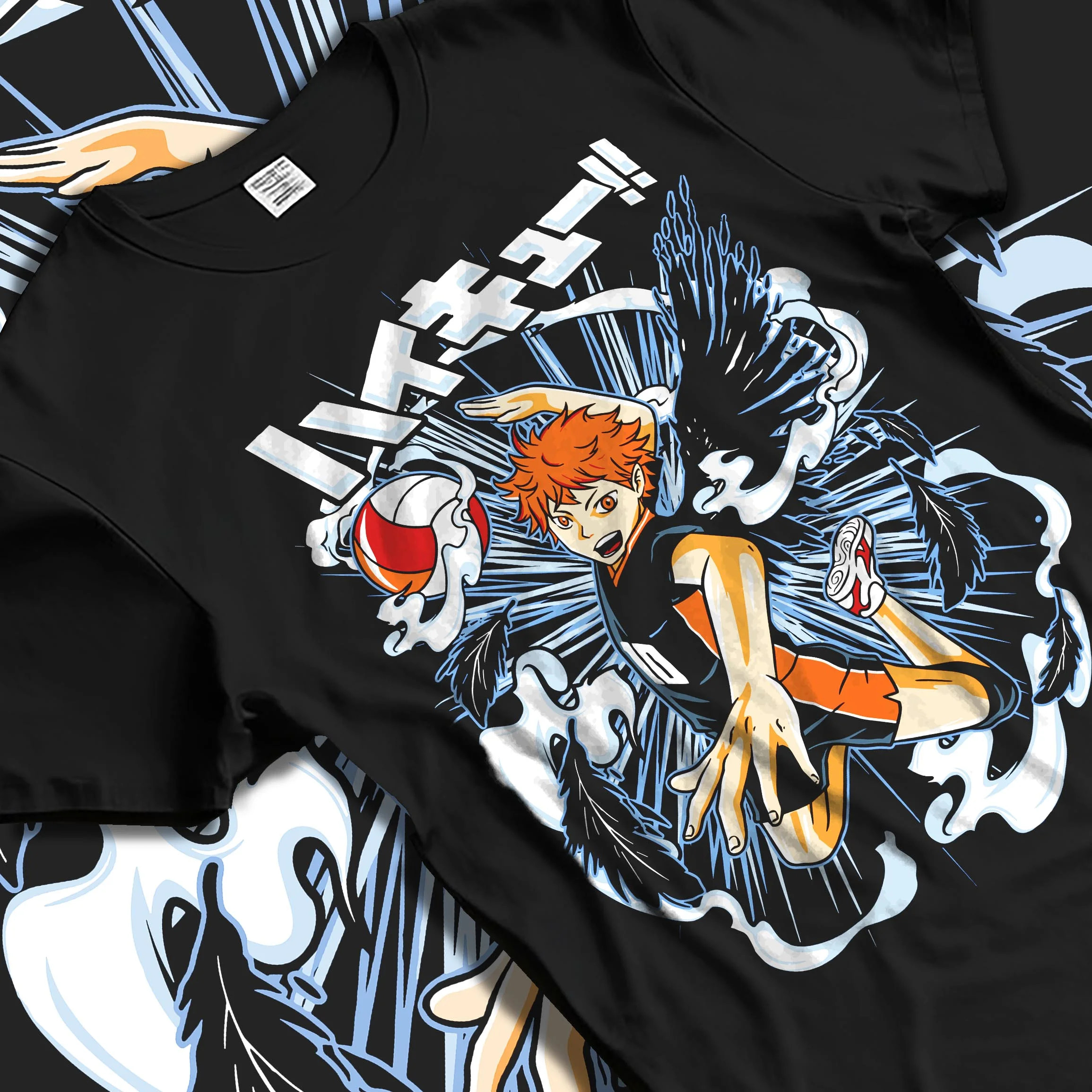 Black T-shirt laid flat with natural folds with Haikyuu Hoodie Shoyo Hinata Action Jump Jumper graphic streetwear graphic.