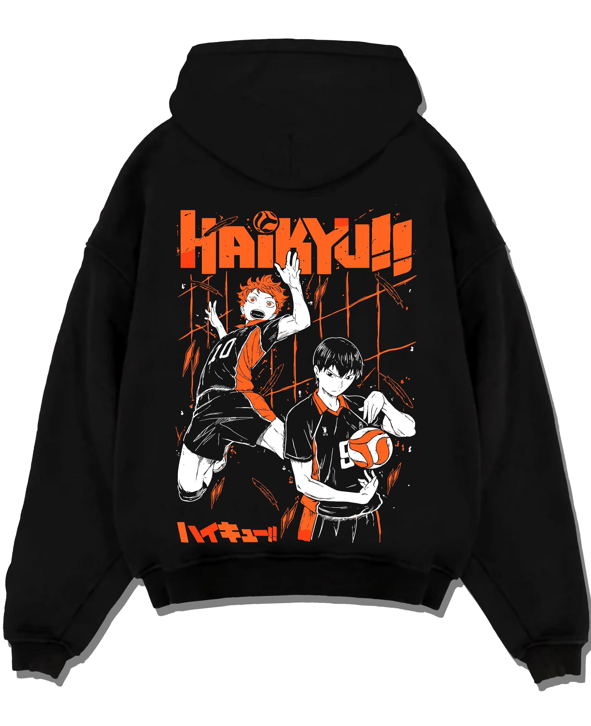 Black pullover hoodie laid flat with Haikyuu Hoodie Shoyo Hinata Tobio Kageyama Jumper graphic streetwear graphic.
