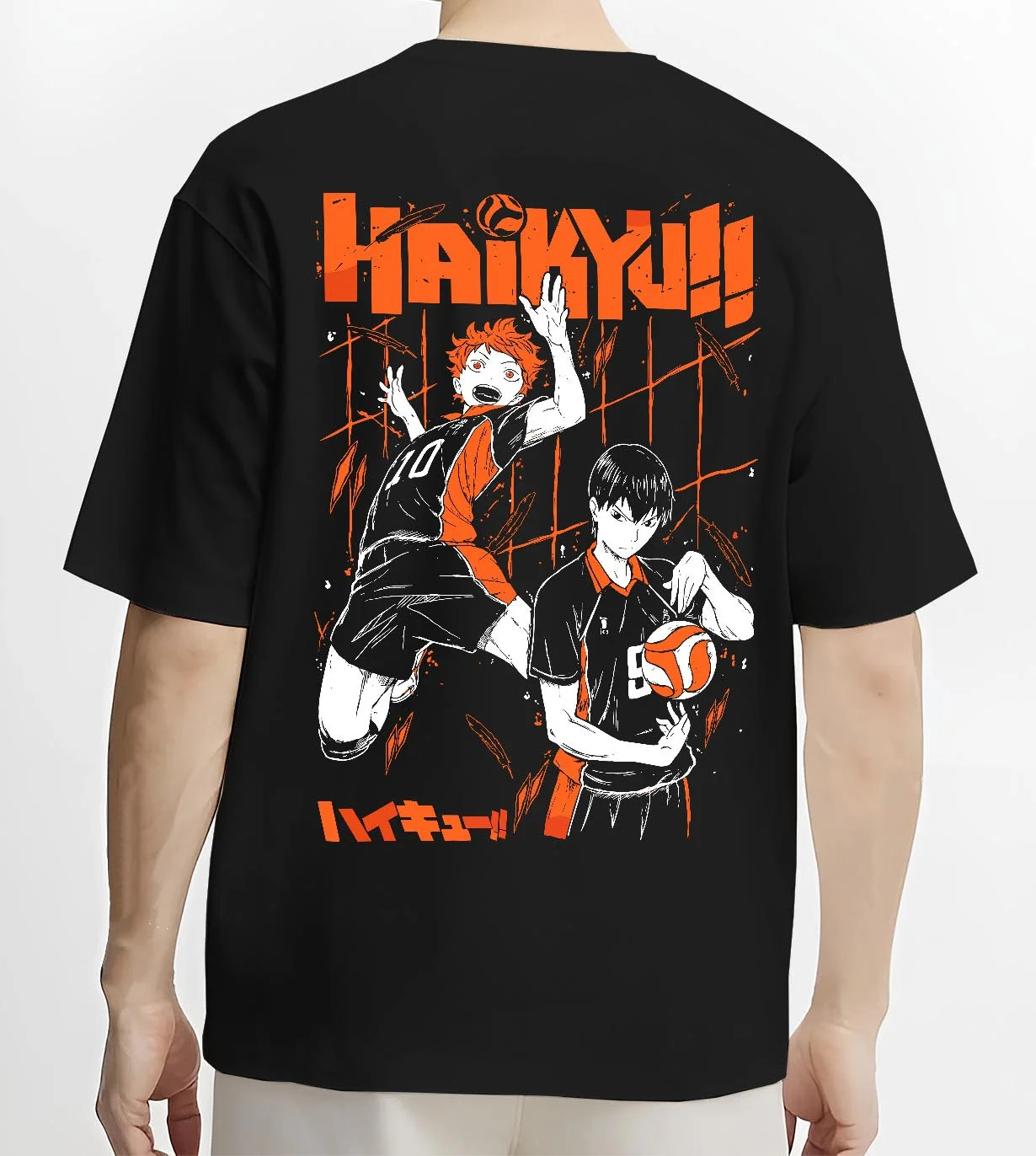 Black T-shirt worn by male model, back view with Haikyuu Hoodie Shoyo Hinata Tobio Kageyama Jumper graphic bold anime graphic.