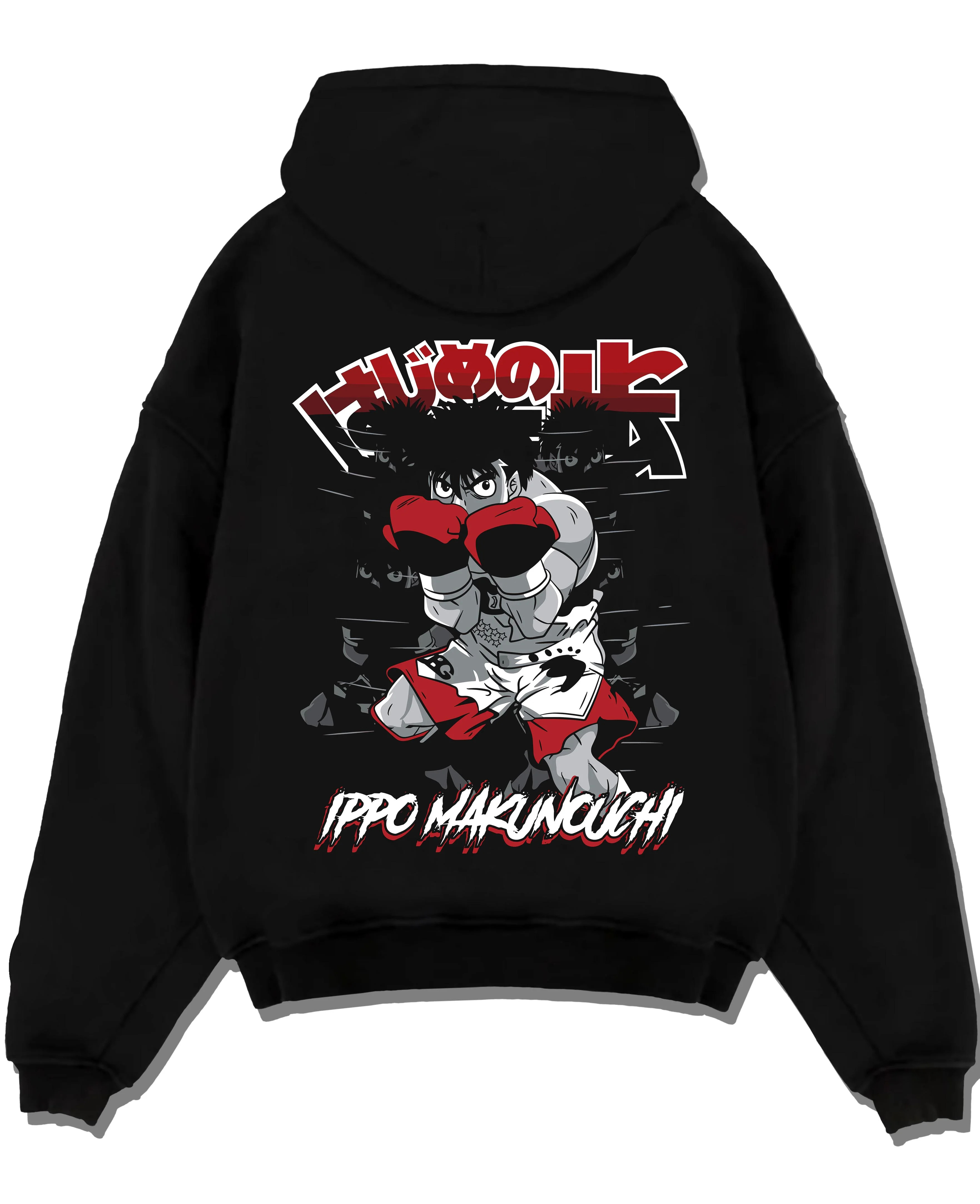 Black pullover hoodie laid flat with Hajime no Ippo Hoodie Ippo Makunouchi Determined graphic premium wear.