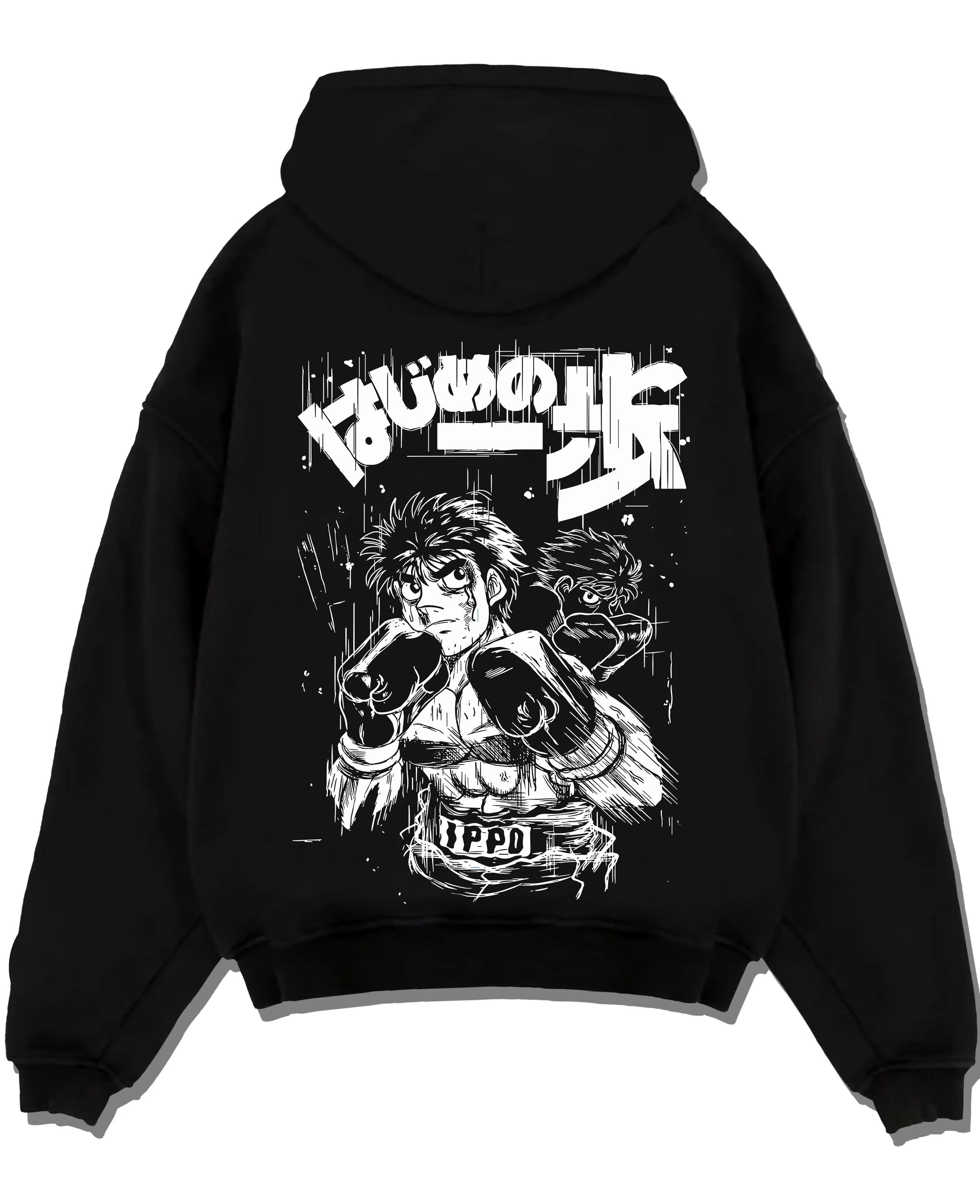 Black pullover hoodie laid flat with Hajime no Ippo Hoodie Ippo Makunouchi Fighting Spirit graphic bold anime graphic.