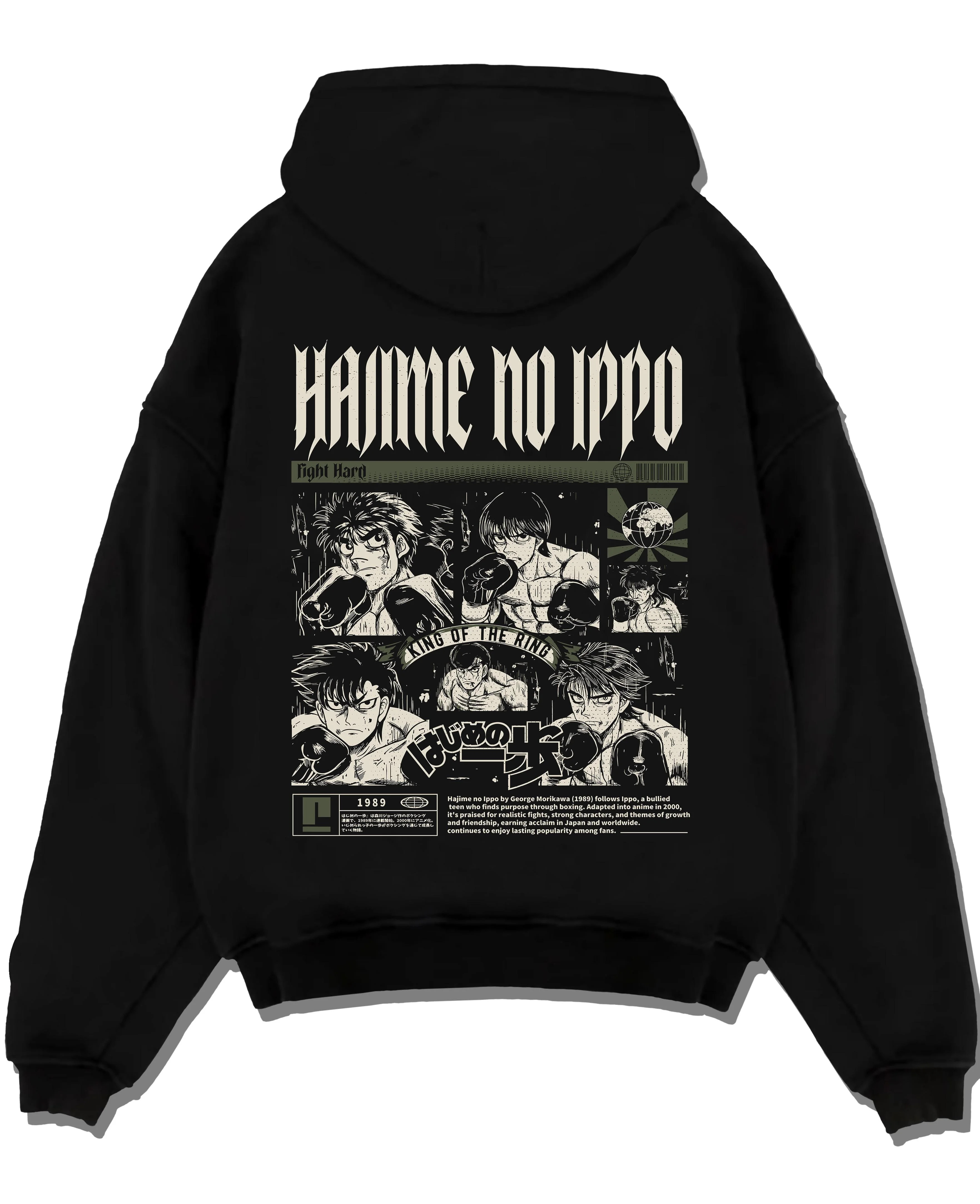 Black pullover hoodie laid flat with Hajime no Ippo Hoodie Ippo Makunouchi Boxing Power graphic bold anime graphic.