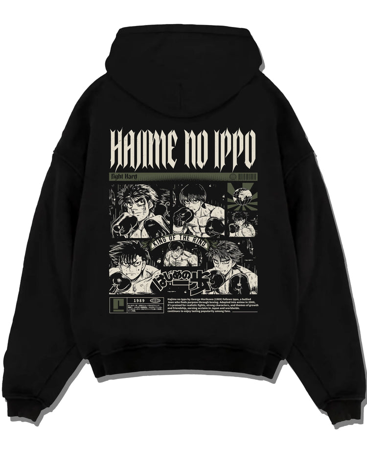Black pullover hoodie laid flat with Hajime no Ippo Hoodie Ippo Makunouchi Boxing Power graphic bold anime graphic.