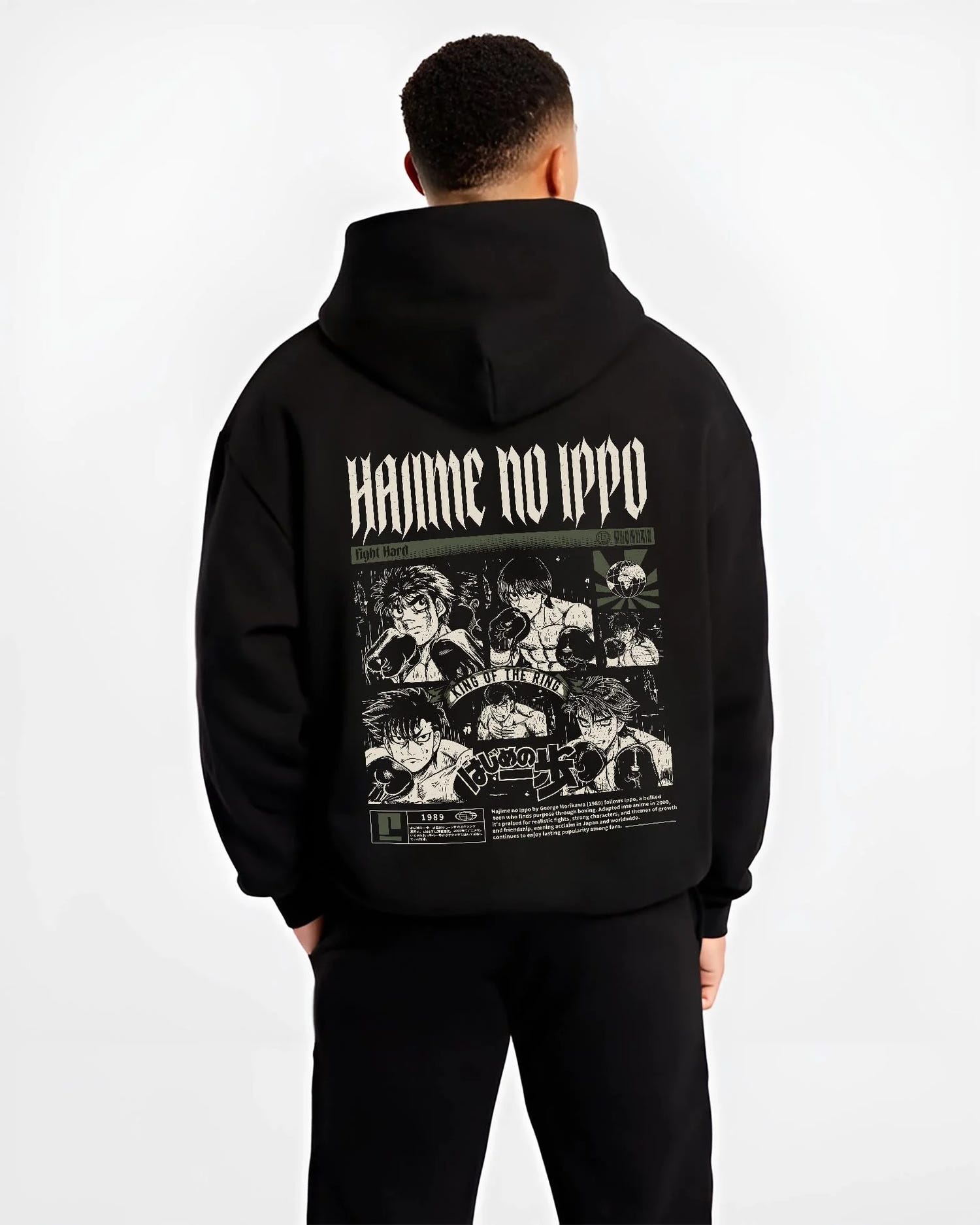 Black hoodie worn by male model, back view with Hajime no Ippo Hoodie Ippo Makunouchi Boxing Power graphic premium wear.