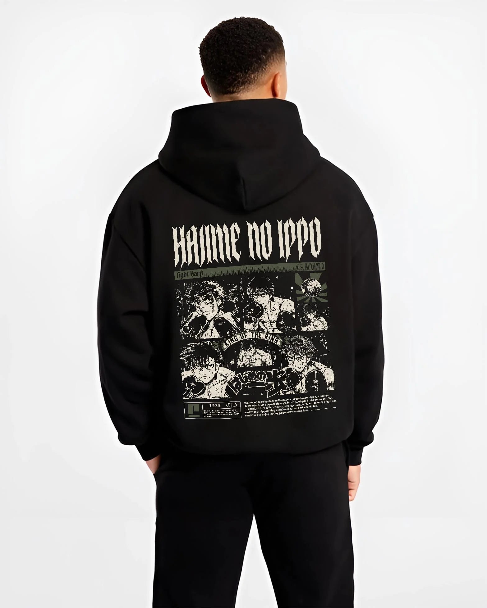 Black hoodie worn by male model, back view with Hajime no Ippo Hoodie Ippo Makunouchi Boxing Power graphic premium wear.