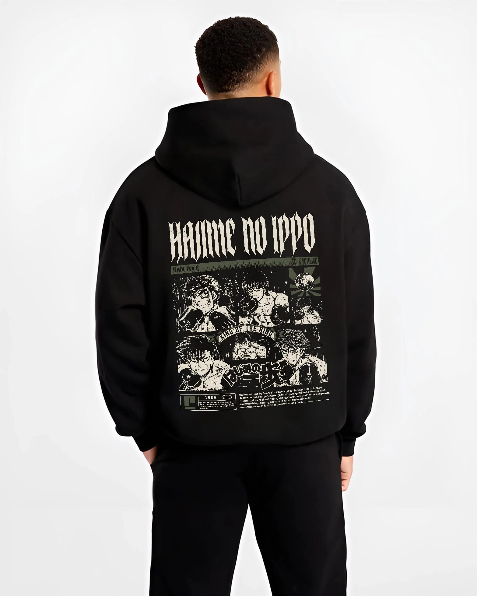 Black hoodie worn by male model, back view with Hajime no Ippo Hoodie Ippo Makunouchi Boxing Power graphic premium wear.