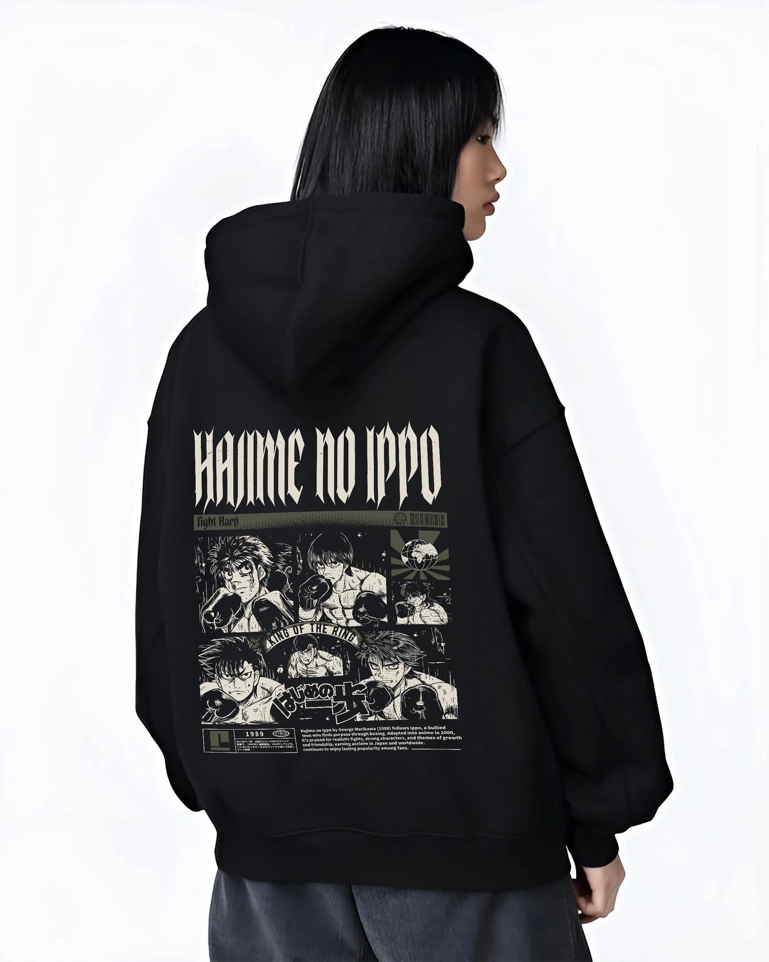 Black hoodie worn by female model, back view with Hajime no Ippo Hoodie Ippo Makunouchi Boxing Power graphic bold anime graphic.