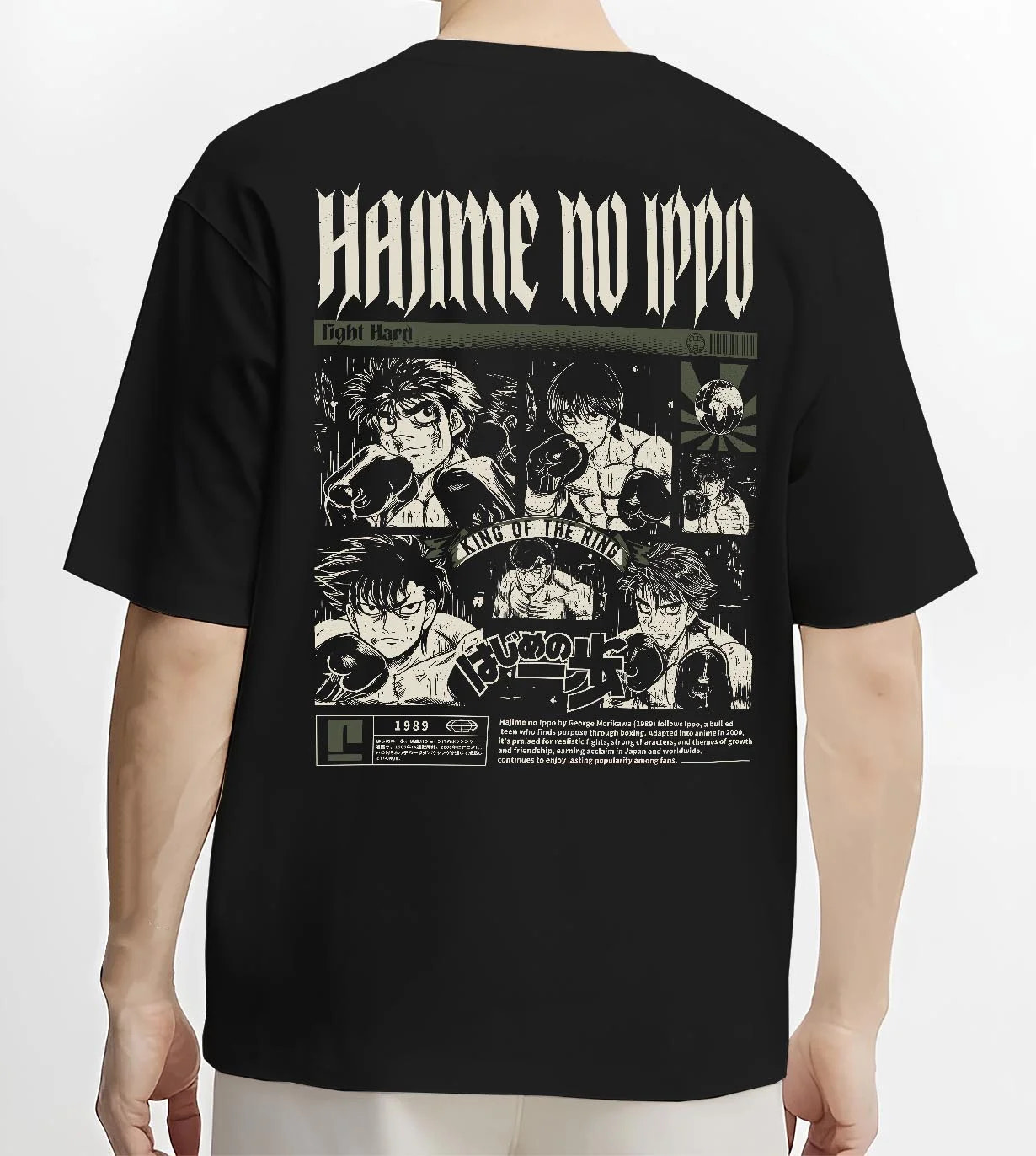Black T-shirt worn by male model, back view with Hajime no Ippo Hoodie Ippo Makunouchi Boxing Power graphic streetwear graphic.