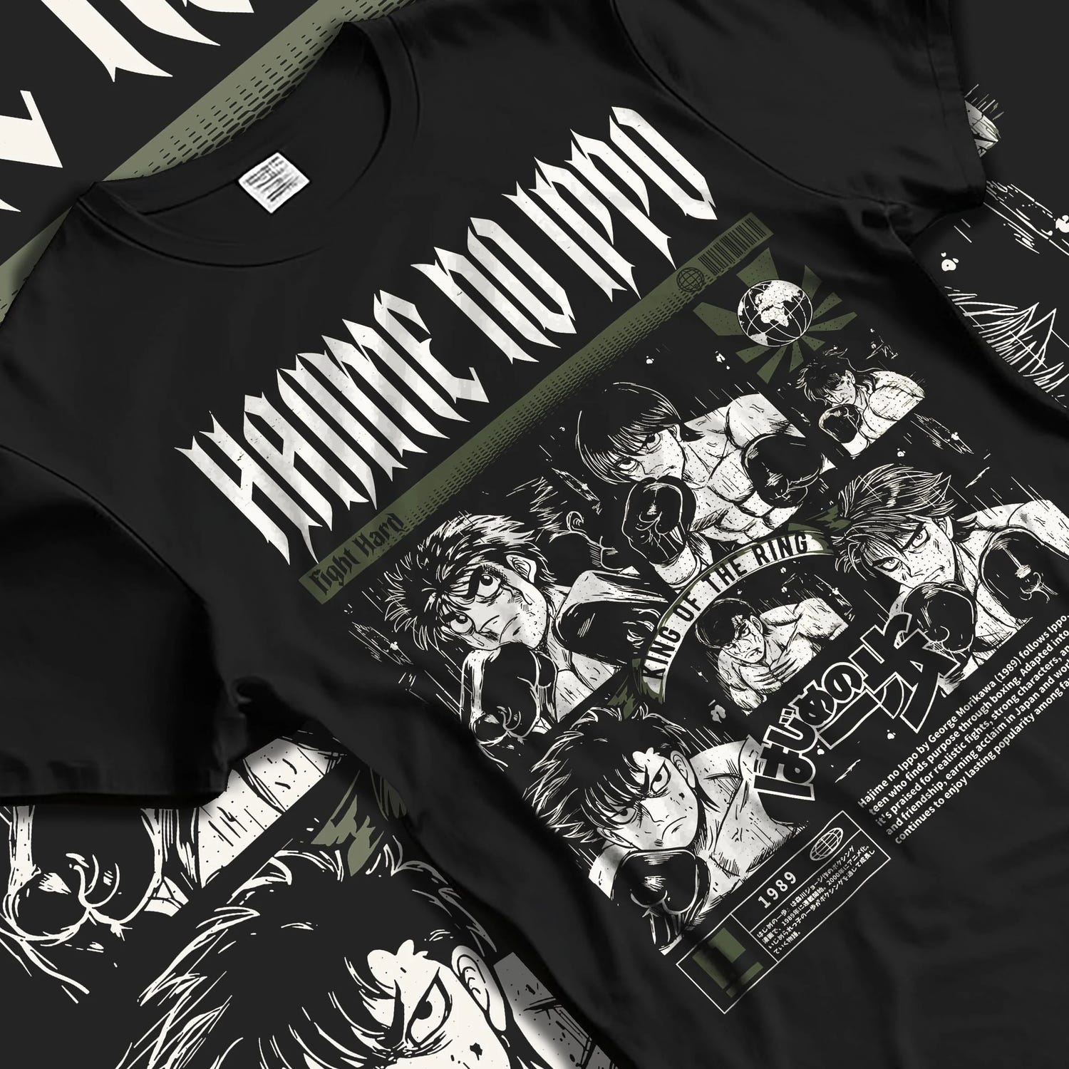 Black T-shirt laid flat with natural folds with Hajime no Ippo Hoodie Ippo Makunouchi Boxing Power graphic premium wear.