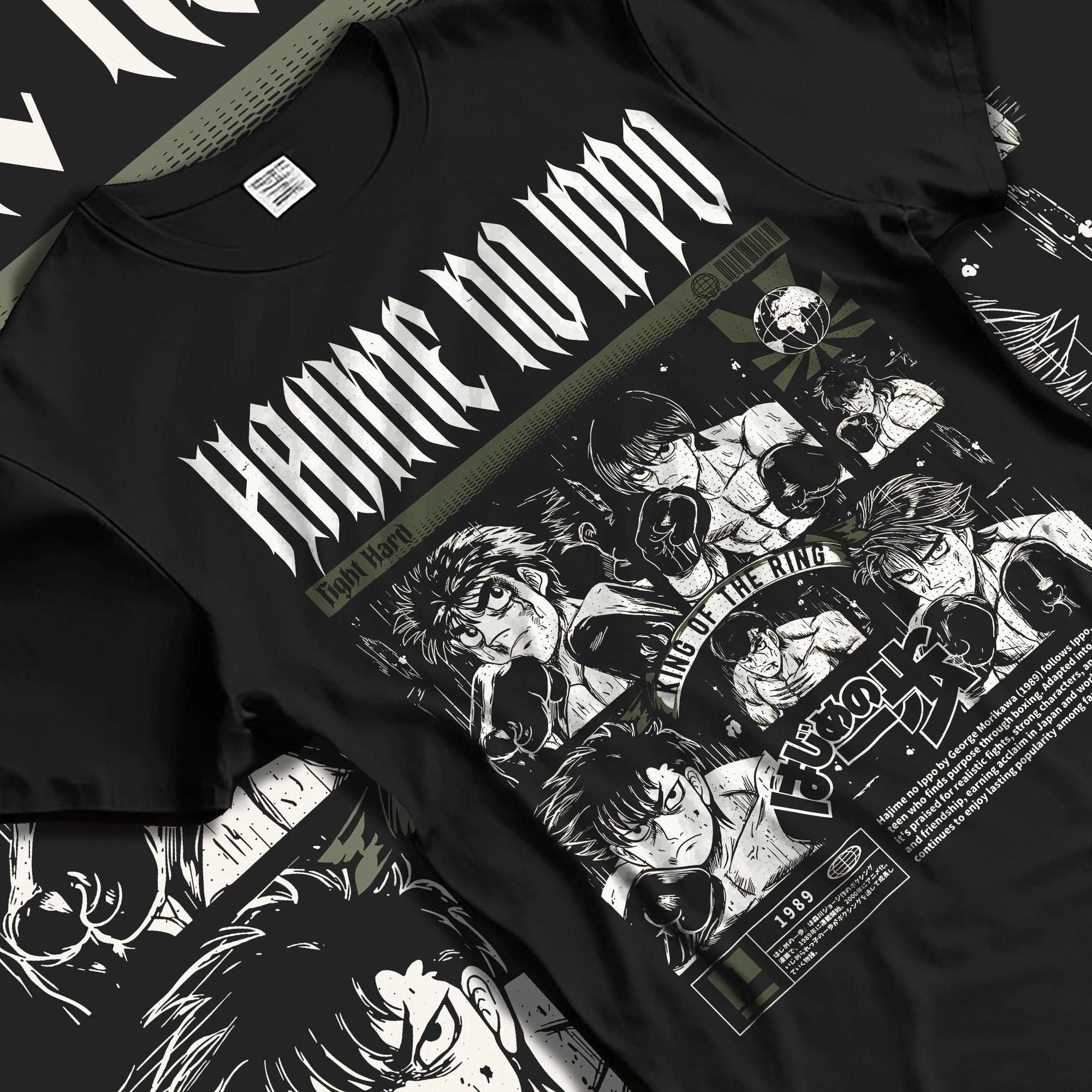 Black T-shirt laid flat with natural folds with Hajime no Ippo Hoodie Ippo Makunouchi Boxing Power graphic premium wear.