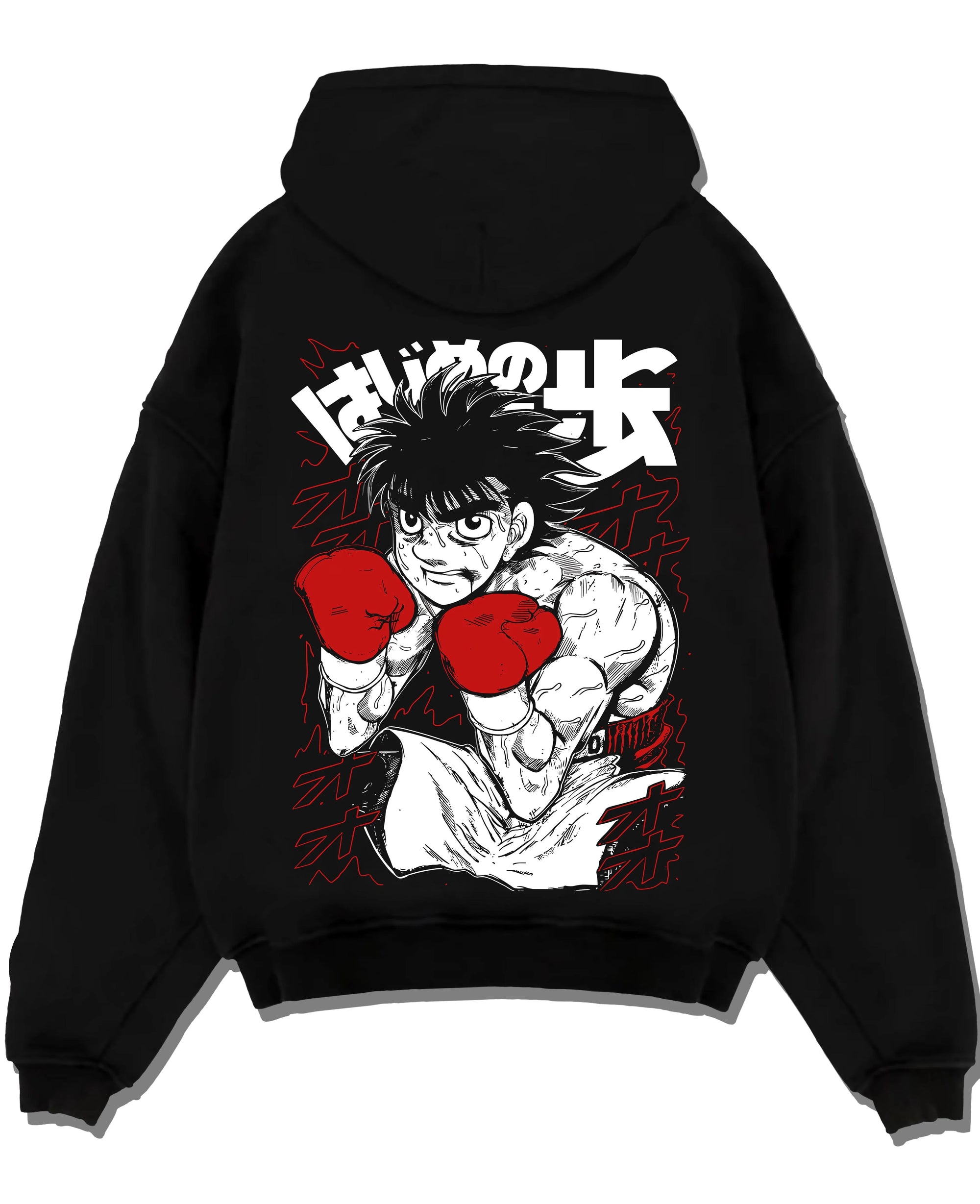 Black pullover hoodie laid flat with Hajime no Ippo Hoodie Ippo Makunouchi Strong Punch graphic premium wear.