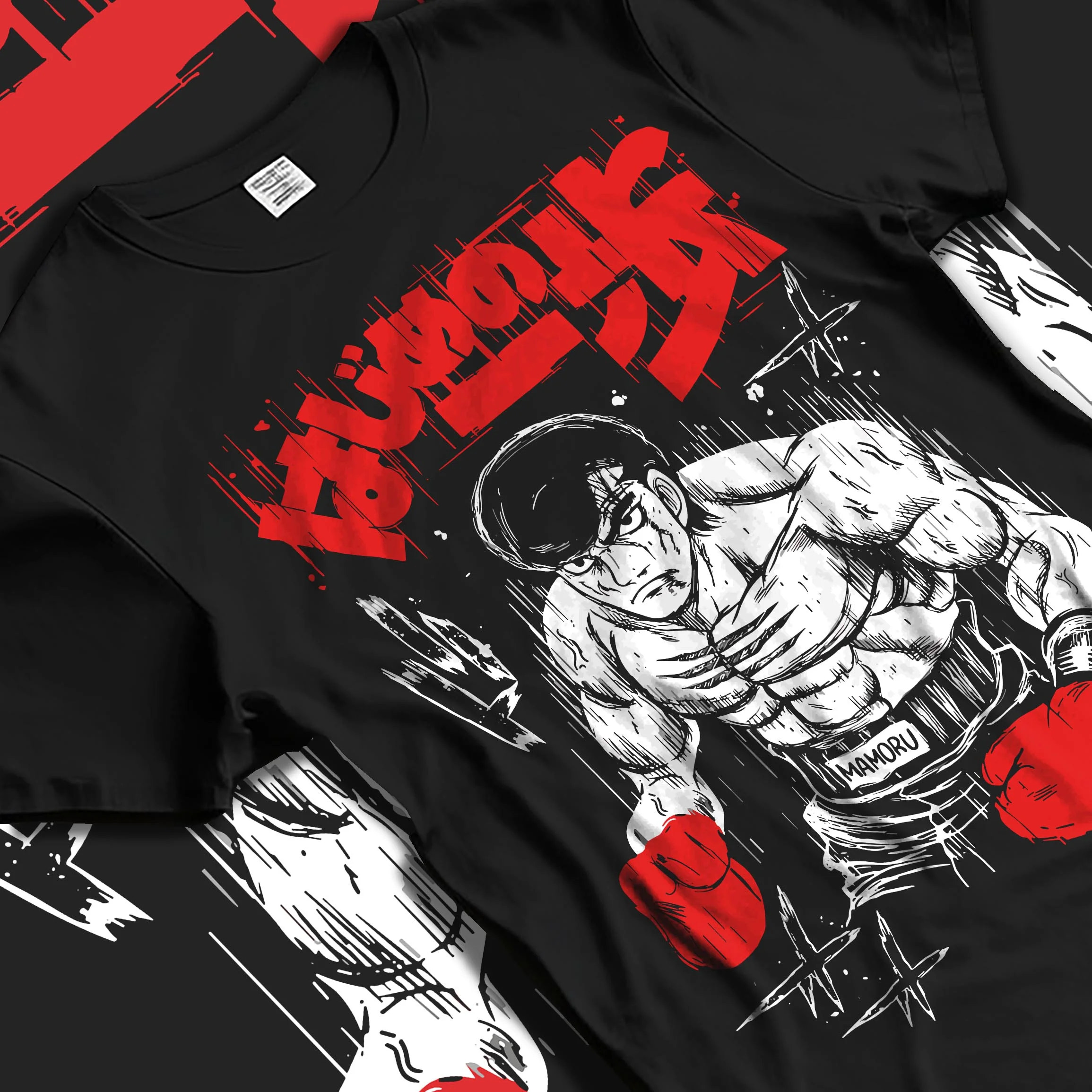 Black T-shirt laid flat with natural folds with Hajime no Ippo Hoodie Ippo Makunouchi Training Jumper graphic bold anime graphic.