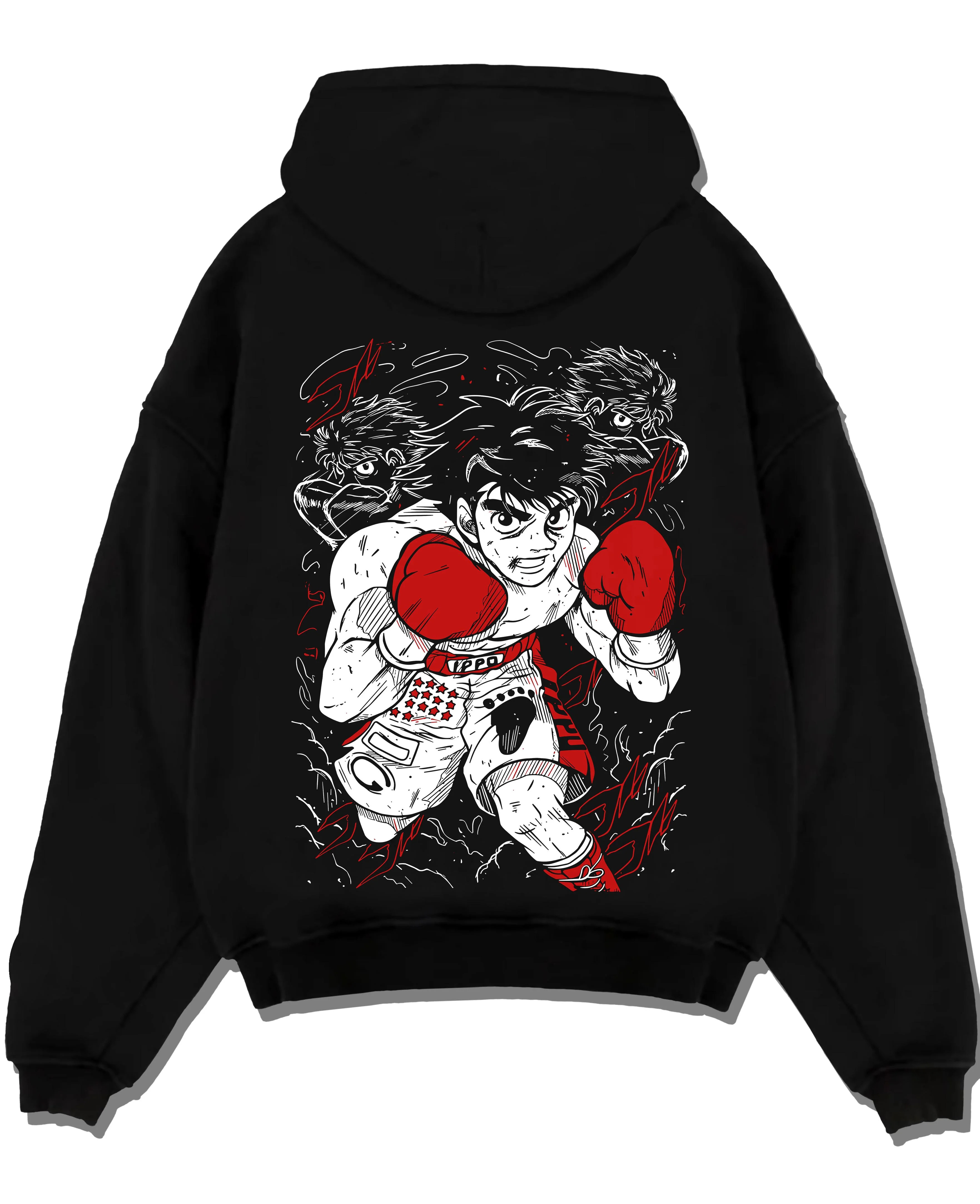 Black pullover hoodie laid flat with Hajime no Ippo Hoodie Ippo Makunouchi Ultimate Fighter graphic premium wear.
