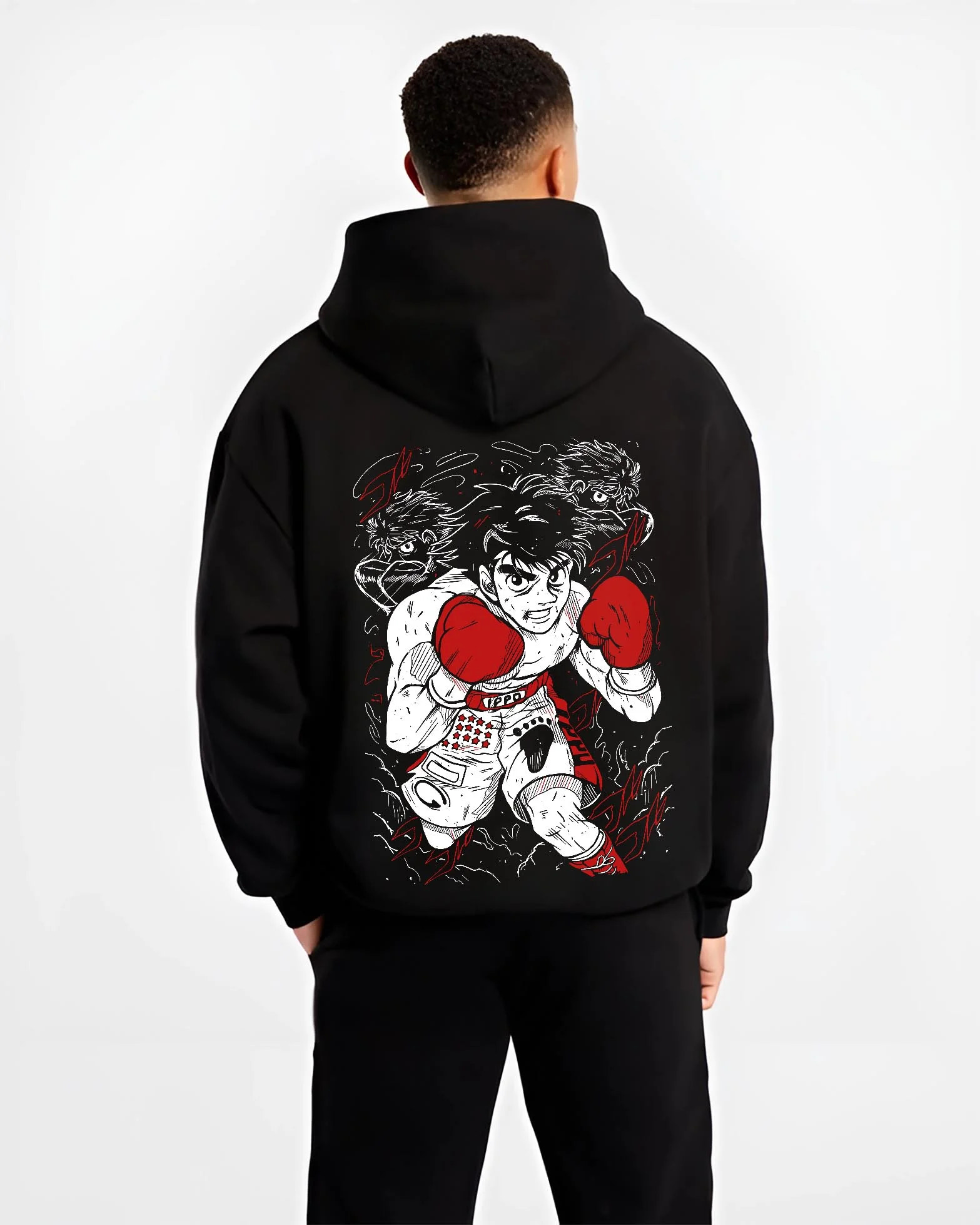 Black hoodie worn by male model, back view with Hajime no Ippo Hoodie Ippo Makunouchi Ultimate Fighter graphic premium wear.