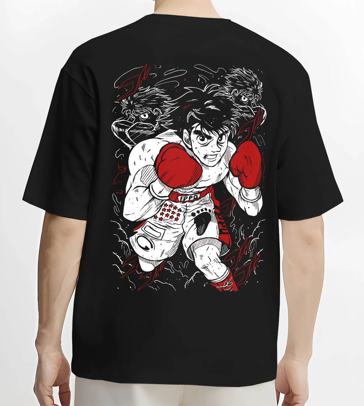 Black T-shirt worn by male model, back view with Hajime no Ippo Hoodie Ippo Makunouchi Ultimate Fighter graphic bold anime graphic.