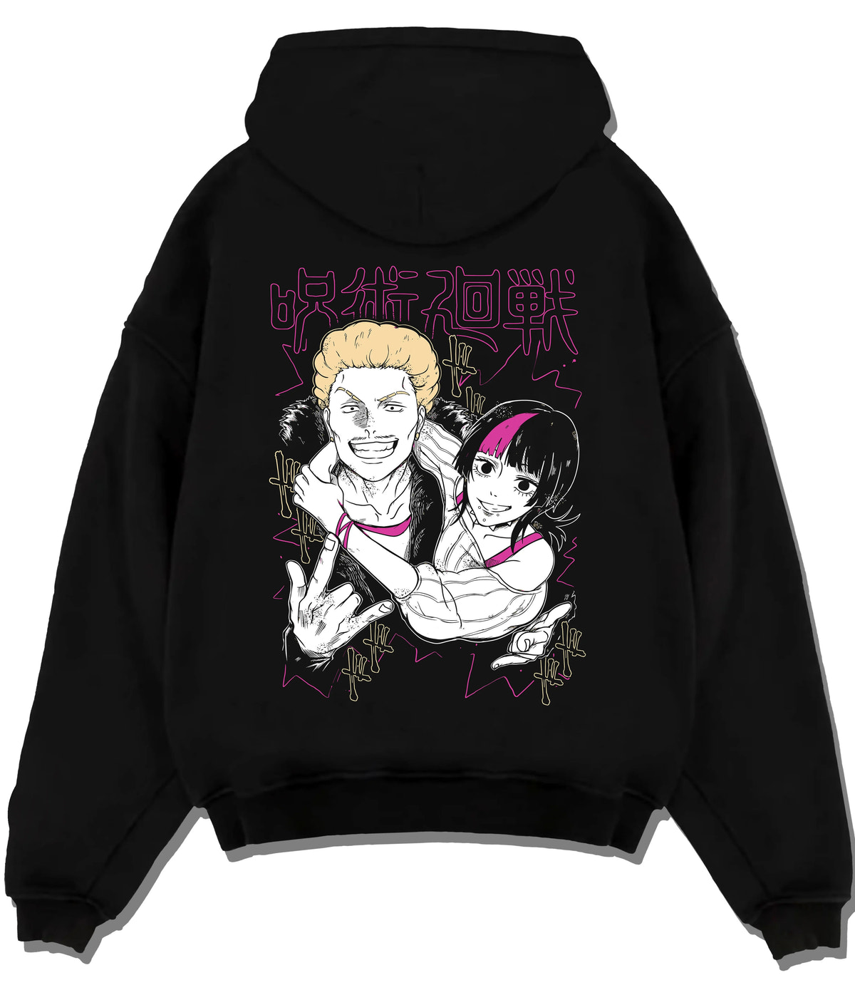 Black hoodie flat back view showing Kinji Hakari and Kirara Hoshi from Jujutsu Kaisen: pair to