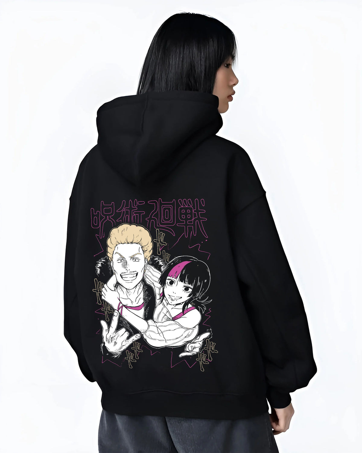 Black hoodie female model back view showing Kinji Hakari and Kirara Hoshi from Jujutsu Kaisen: pair to