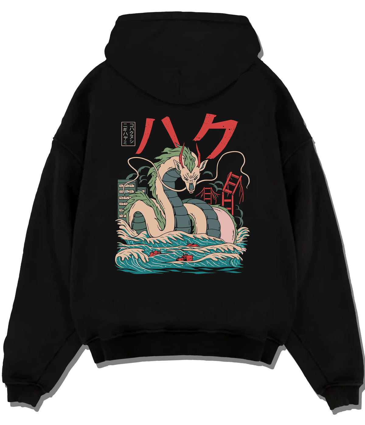 Black hoodie flat back view showing Haku from Naruto: Naruto water-dragon illustration
