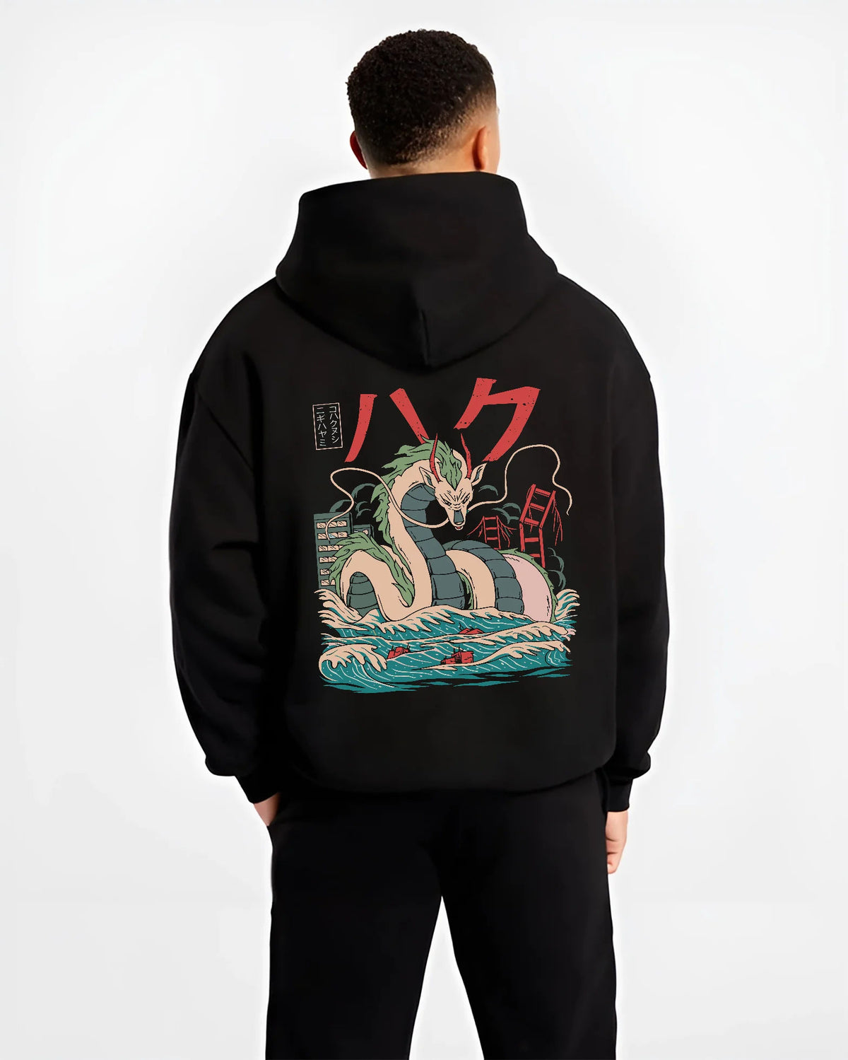 Black hoodie model back view showing Haku from Naruto: Naruto water-dragon illustration