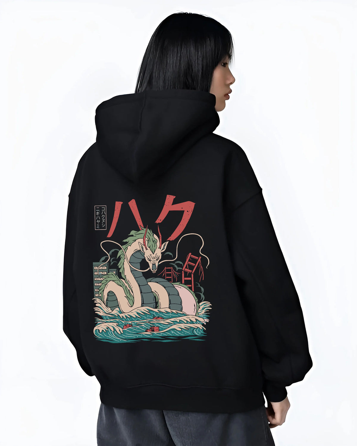 Black hoodie female model back view showing Haku from Naruto: Naruto water-dragon illustration