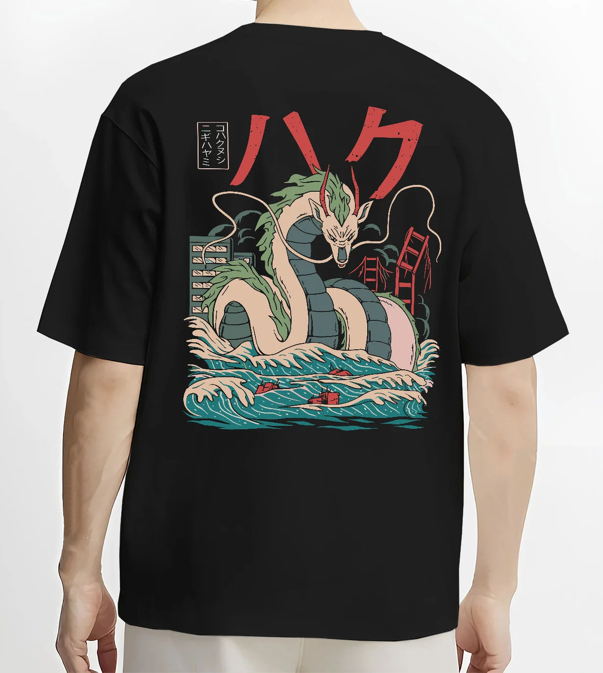 Black T-shirt model back view showing Haku from Naruto: Naruto water-dragon illustration